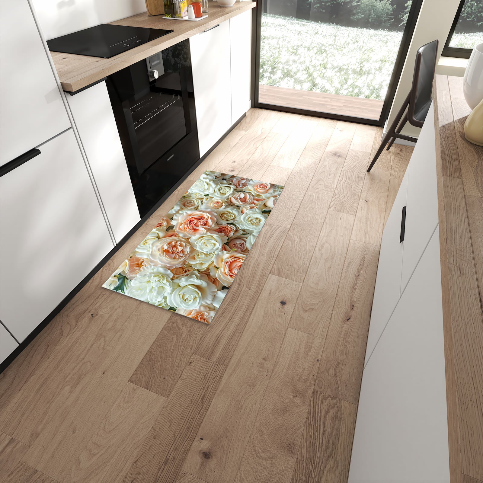 Geräuschdämpfender dünner Teppich mit Motiv Rosenbouquet in moderner Küche #grösse_60 x 120 cm