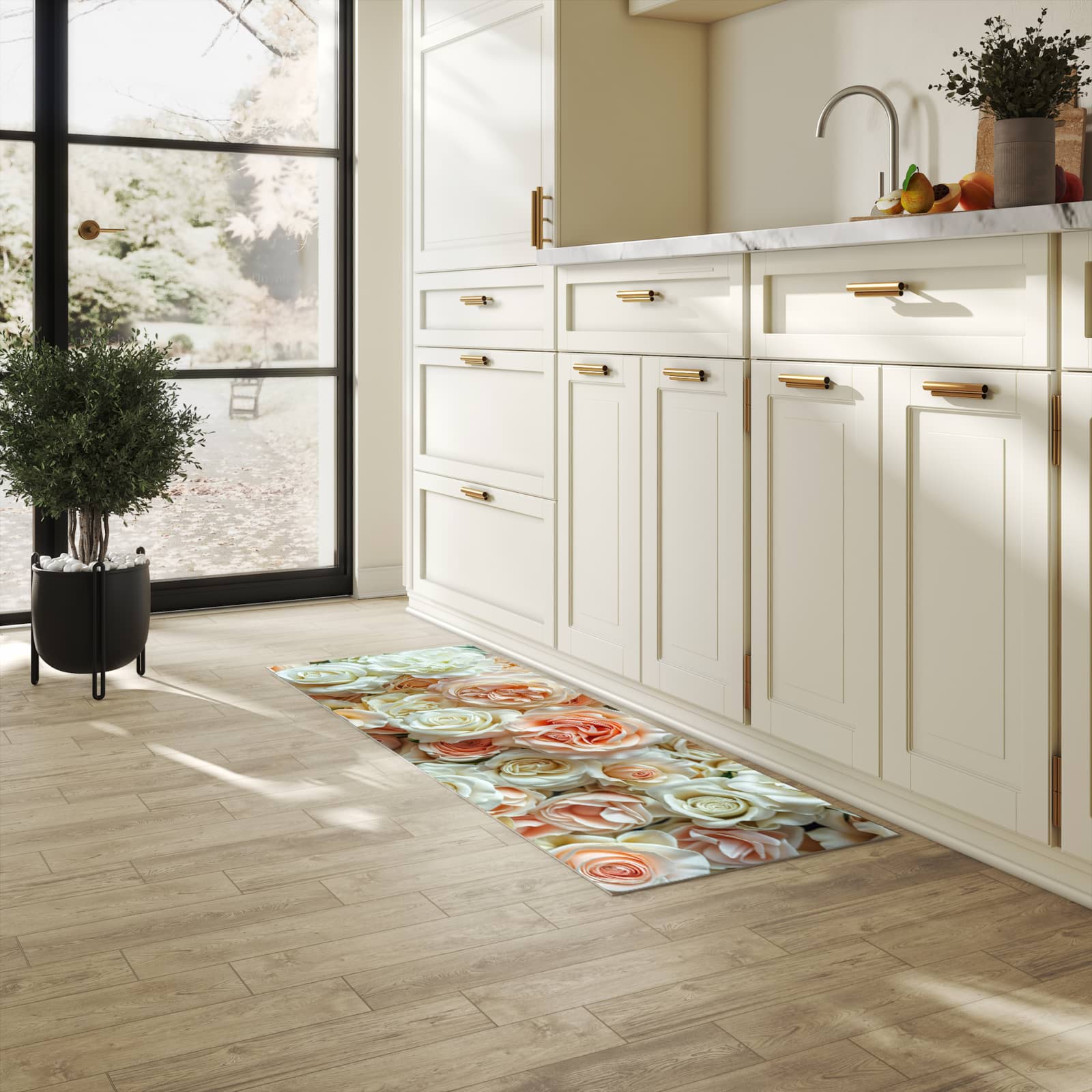 UV-beständiger Küchenvorleger mit Motiv Rosenbouquet in heller Küche