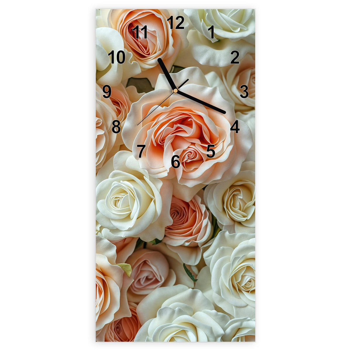 Wanduhr aus Glas, Ziffernblatt Modern: Flächenfüllende Rosenwand in Creme, Weiß und Apricot, Draufsicht ohne Strauß