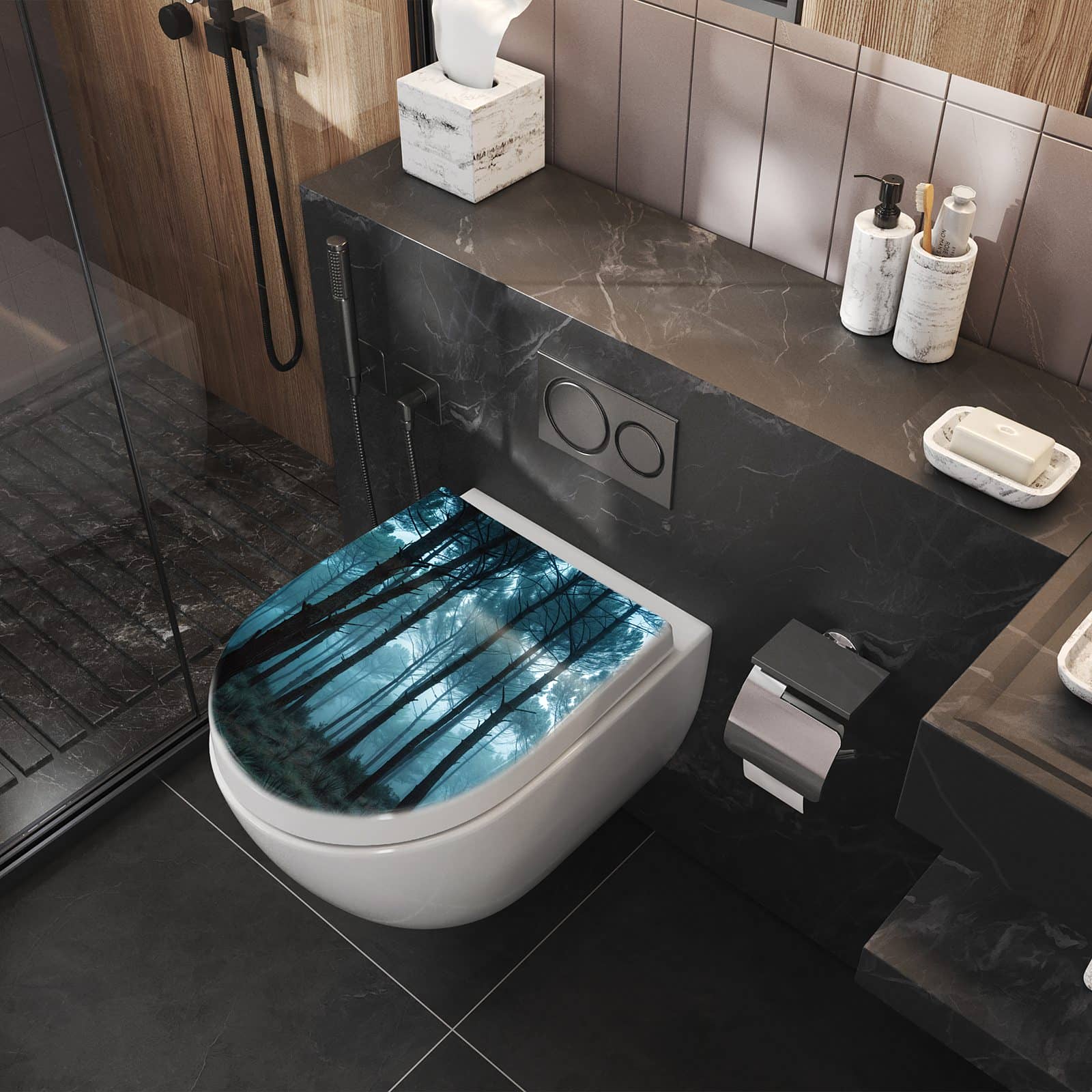 WC-Sitz mit Absenkautomatik Nebeliger Wald