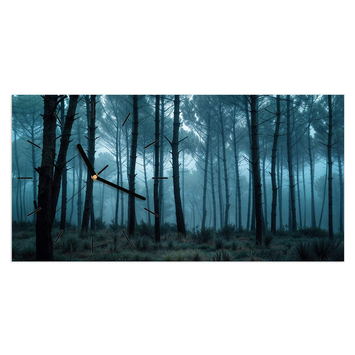 Wanduhr Nebeliger Wald aus Glas – Querformat 60 × 30 cm mit Ziffernblatt Linie