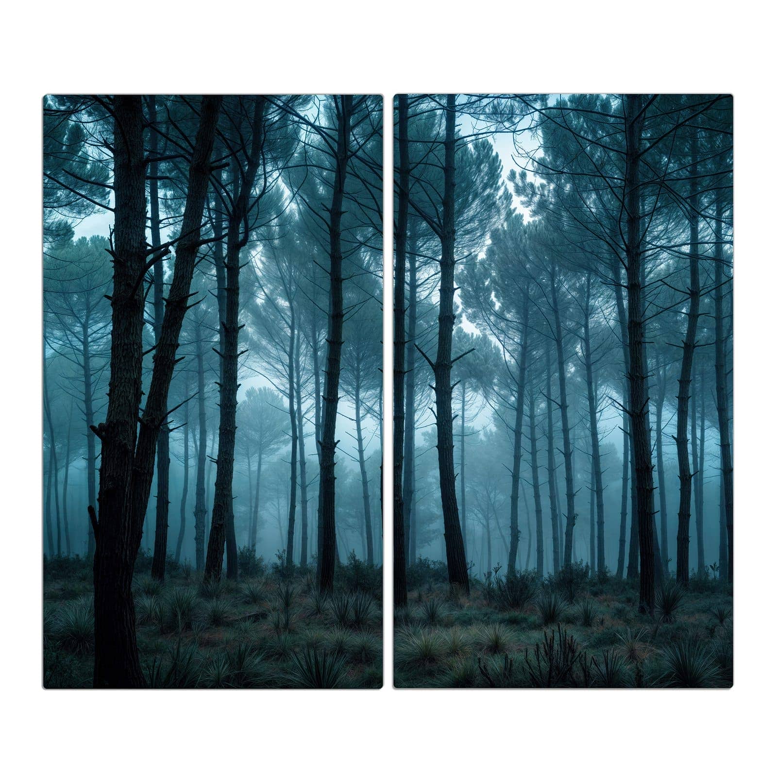 2-teilige Herdabdeckplatte Induktion mit Nebeliger Wald-Motiv in der Frontansicht