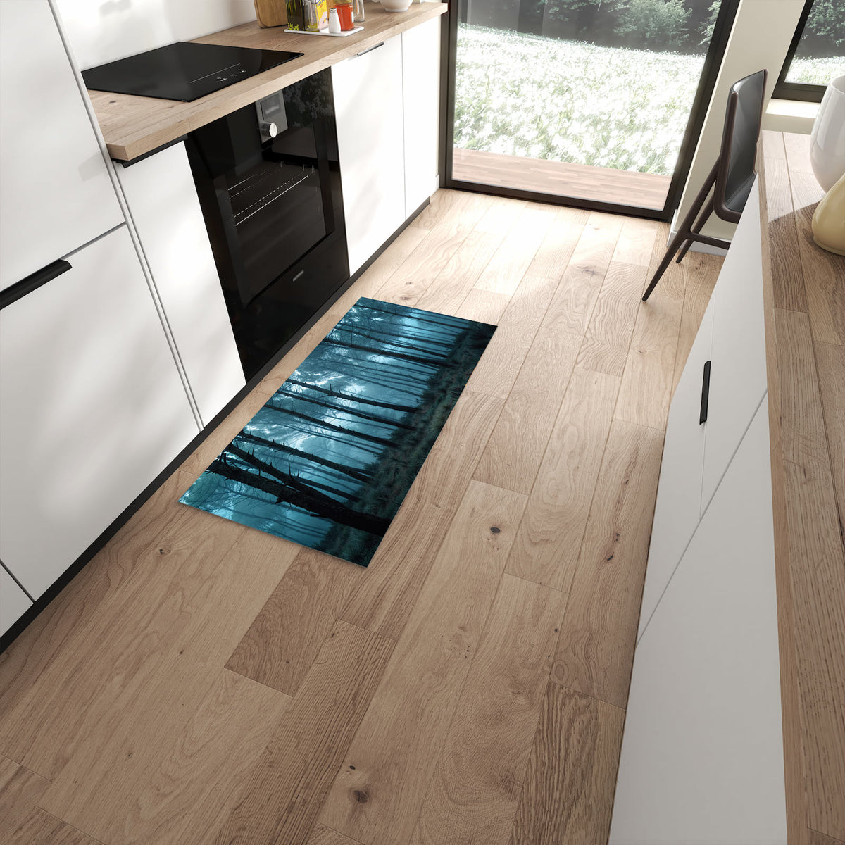 Hygienischer Läufer für die Küche mit Motiv Nebeliger Wald in moderner Küche #grösse_60 x 120 cm