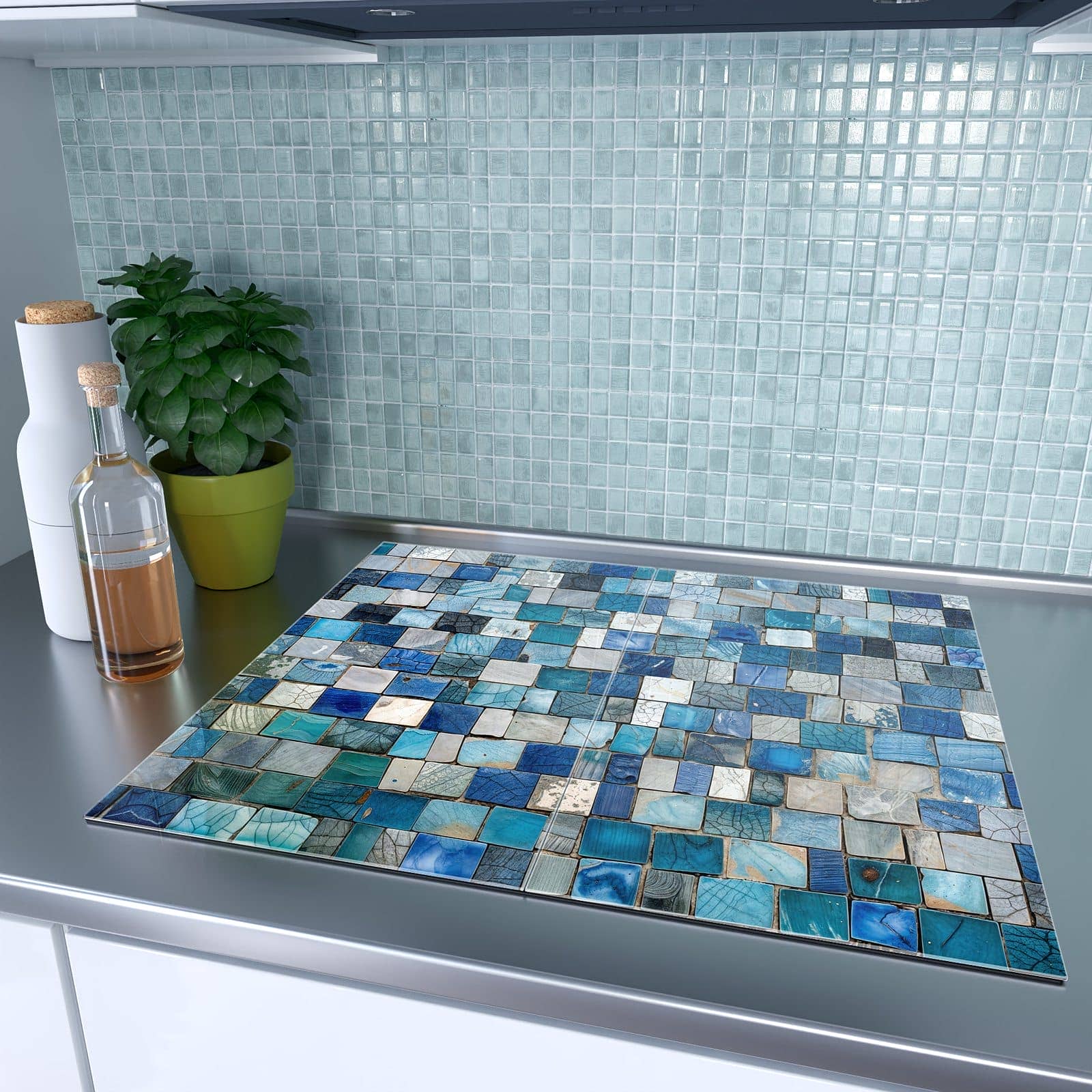 2-teilige Glasabdeckplatte für Ceranfeld mit Mosaikfliesenmuster-Motiv auf dem Ceranfeld