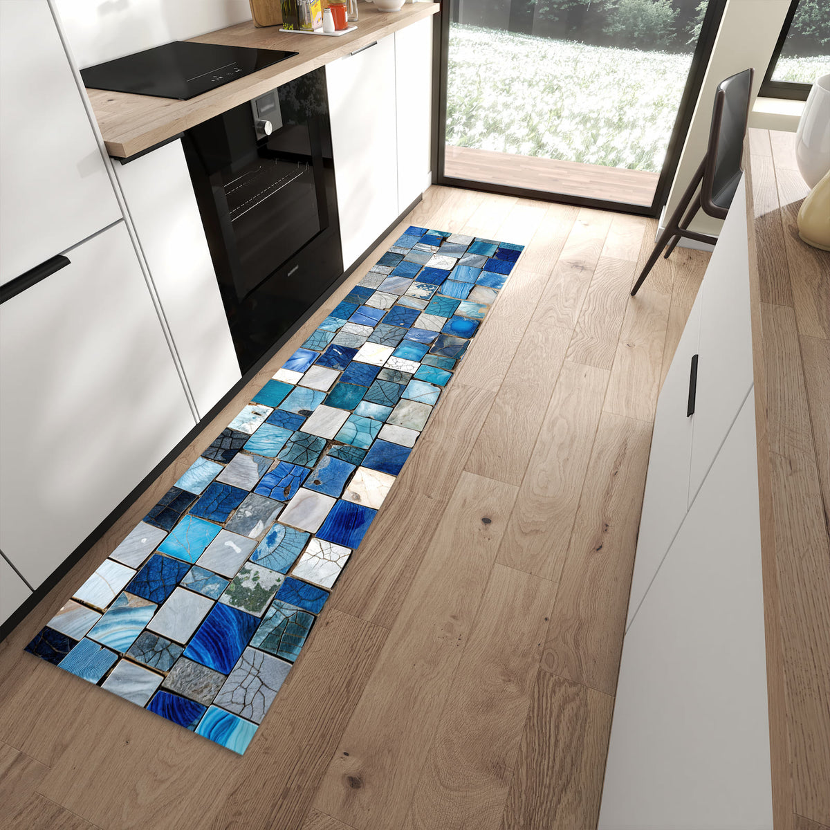 Fleckenresistenter abwaschbarer Küchenteppich mit Motiv Mosaikfliesenmuster in moderner Küche