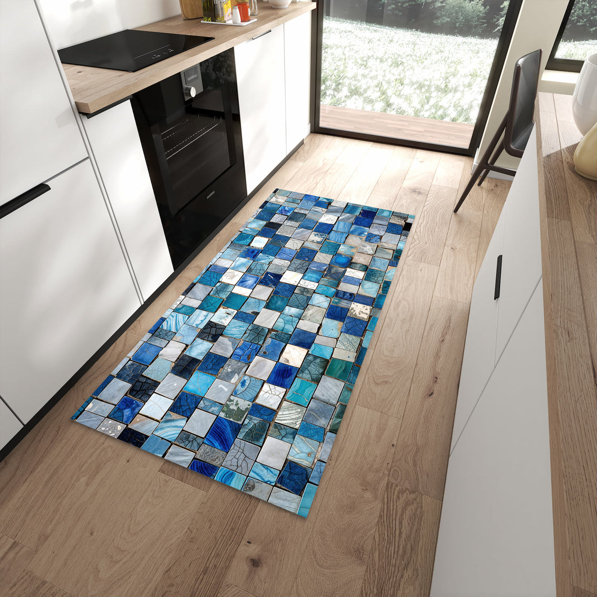 Pflegeleichter Küchenteppich mit Motiv Mosaikfliesenmuster in moderner Küche