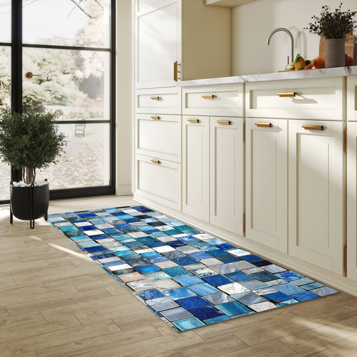 Waschbarer Küchenläufer mit Motiv Mosaikfliesenmuster in heller Küche für angenehme Haptik