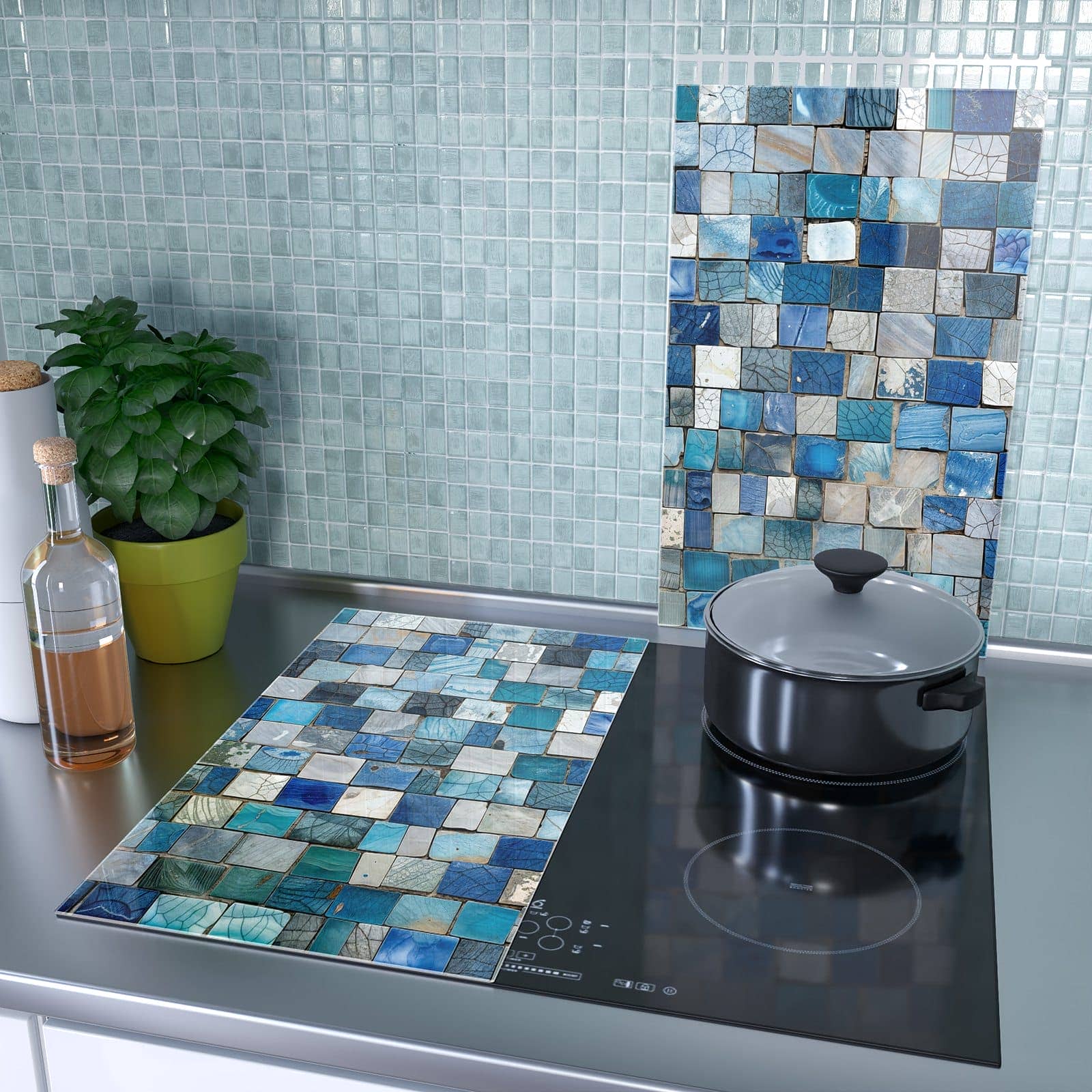 2-teilige Abdeckplatten für Herd mit Mosaikfliesenmuster-Motiv als Spritzschutz hinter dem Kochfeld