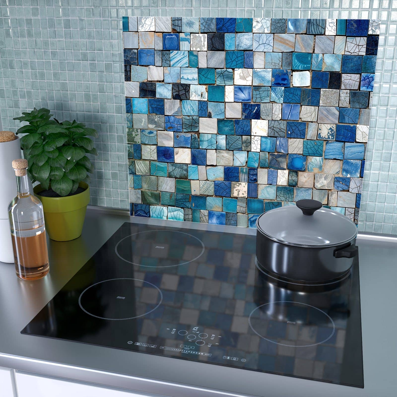 1-teilige Glasplatte für Herd mit Mosaikfliesenmuster-Motiv als Spritzschutz hinter dem Kochfeld