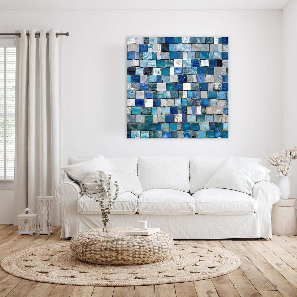 Glasbild Blaue Marmorfliesen an der Wand – Wand aus quadratischen Kacheln in Blau, Türkis und Weiß mit Marmorzeichnung und Craquelee
