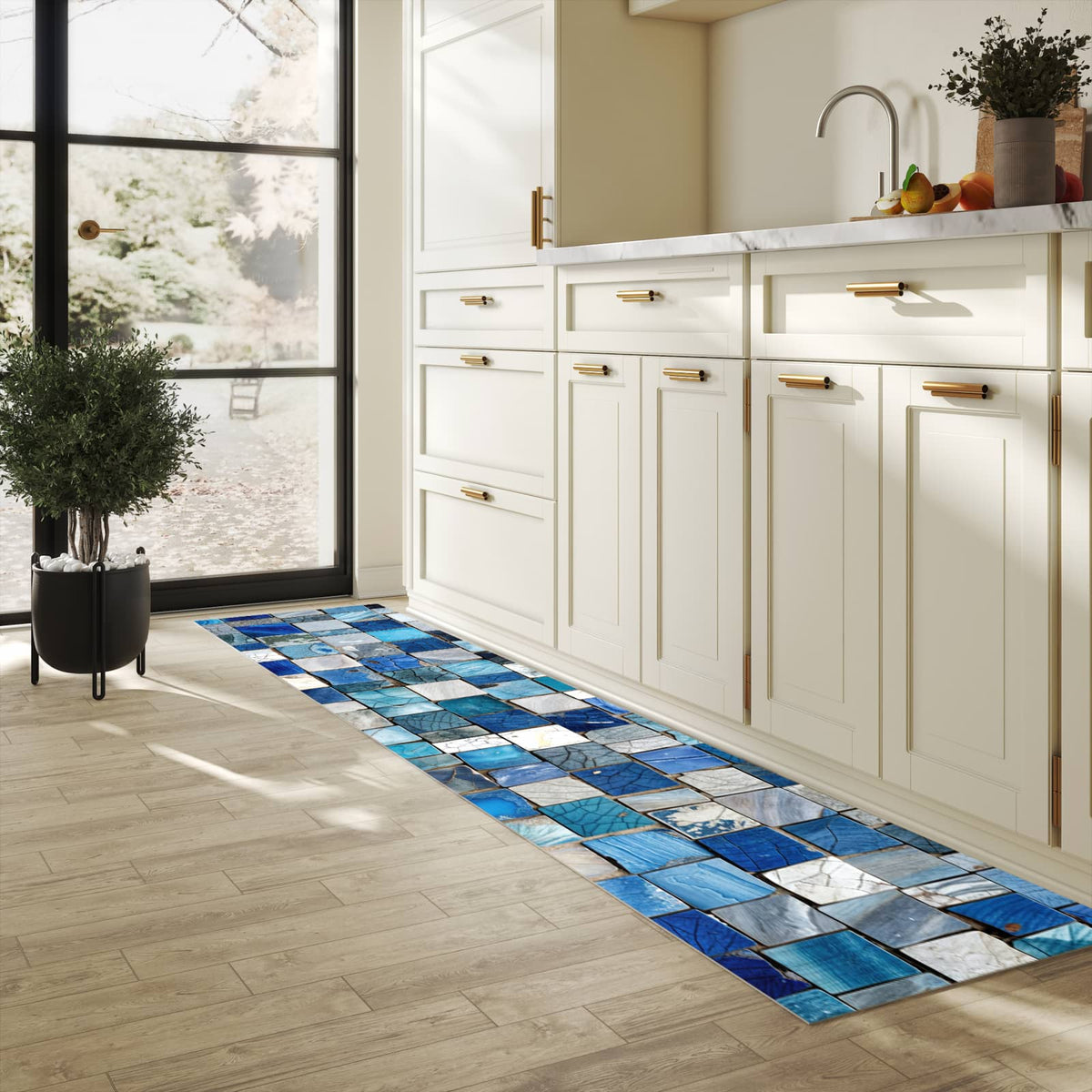 Geruchsneutraler rutschfester Küchenläufer mit Motiv Mosaikfliesenmuster in heller Küche