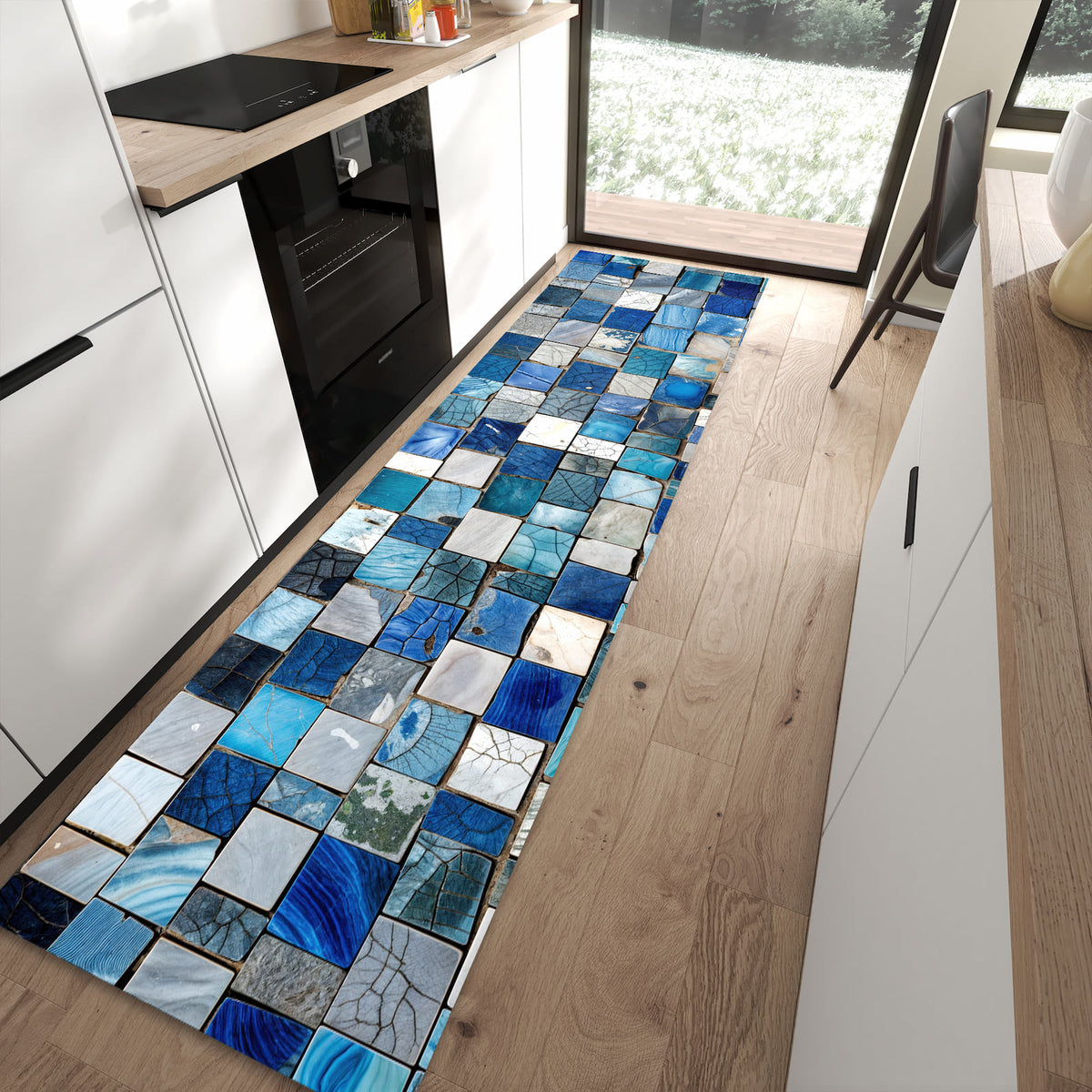 Rutschfester Küchenteppich mit Motiv Mosaikfliesenmuster in moderner Küche