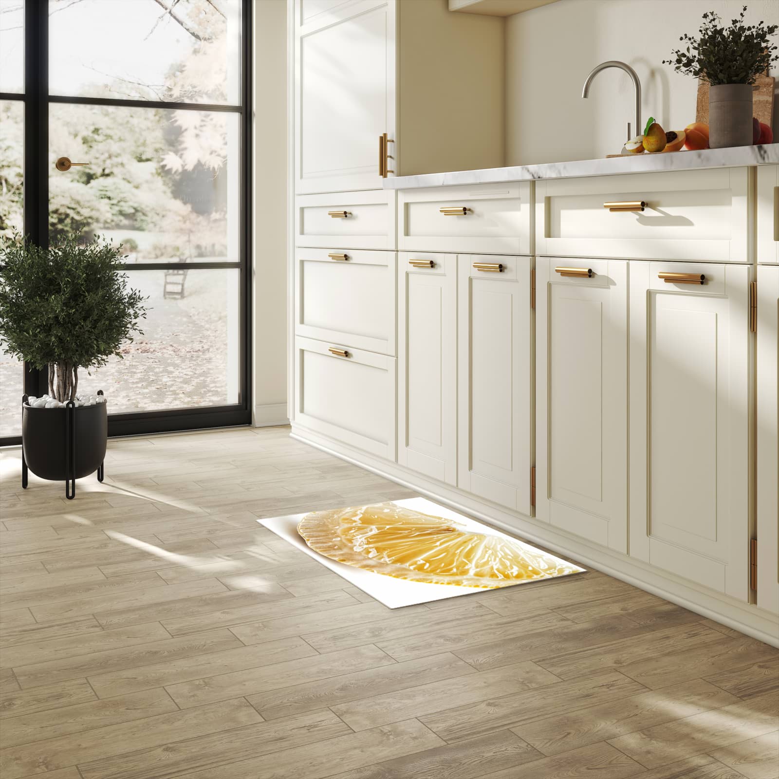 Pflegeleichter waschbarer Küchenläufer mit Motiv Zitronenscheibe in heller Küche