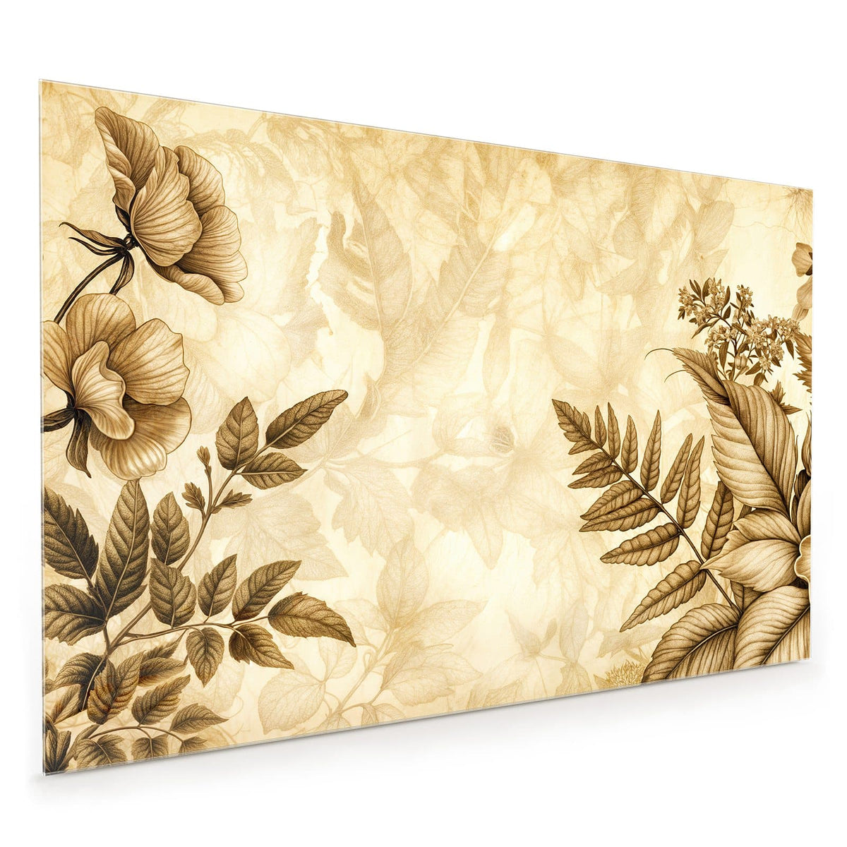 Küchenrückwand aus Glas im Hochformat: Botanische Zeichnung aus Blüten und Farnwedeln komplett in Sepia auf Altpapierton