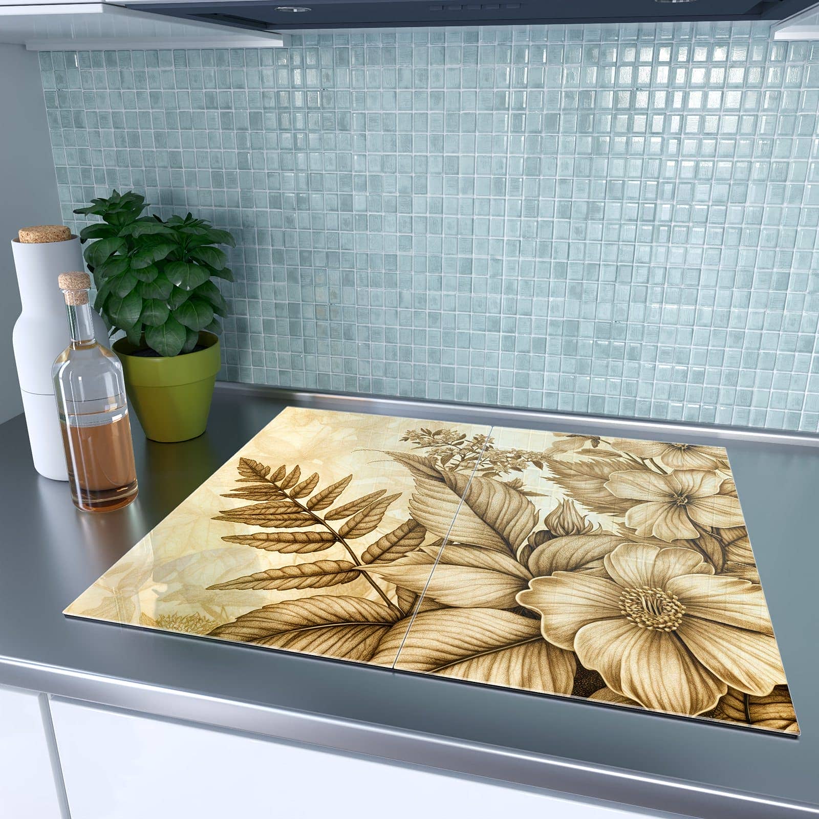 2-teilige Glasabdeckplatte für Ceranfeld mit Blumenblatt Kunstwerk-Motiv auf dem Ceranfeld