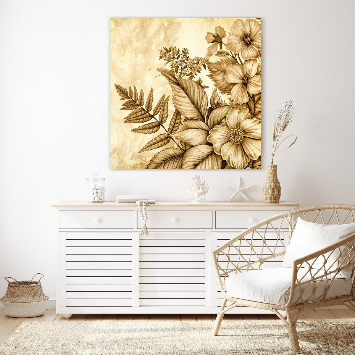 Glasbild Botanik in Sepia an der Wand – Botanische Zeichnung aus Blüten und Farnwedeln komplett in Sepia auf Altpapierton