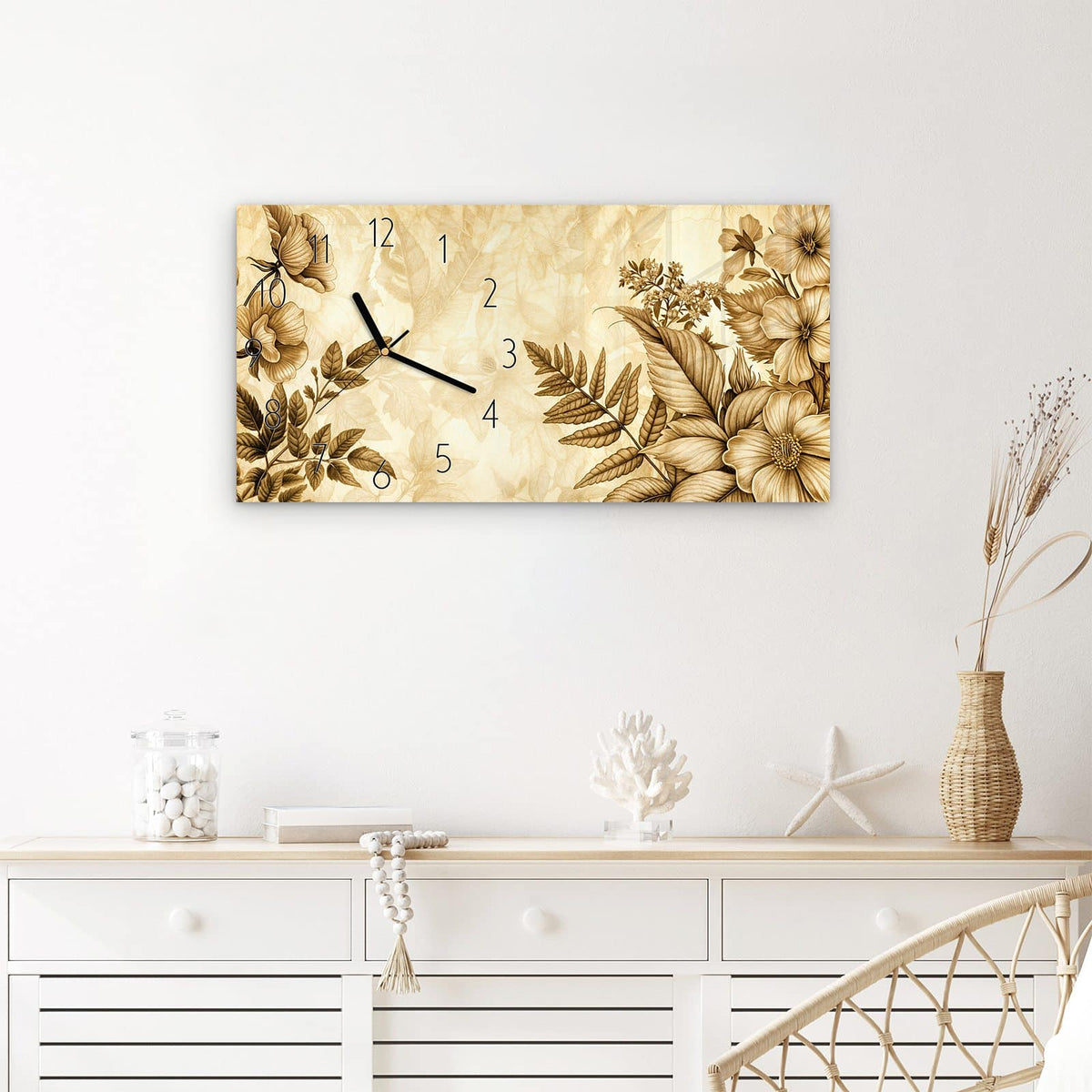 Wanduhr Blumenblatt Kunstwerk aus Glas – Querformat 60 × 30 cm – Botanische Zeichnung in Sepia