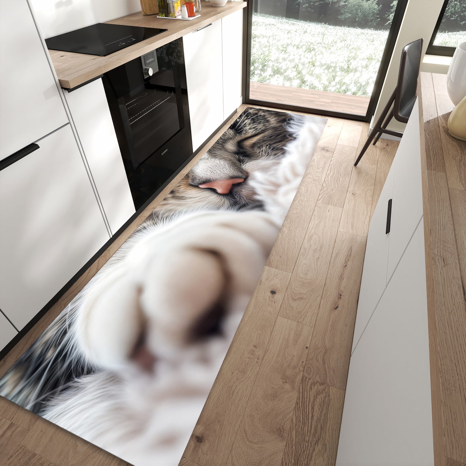 Strapazierfähiger Läufer für die Küche mit Motiv Schlafende Katze in moderner Küche
