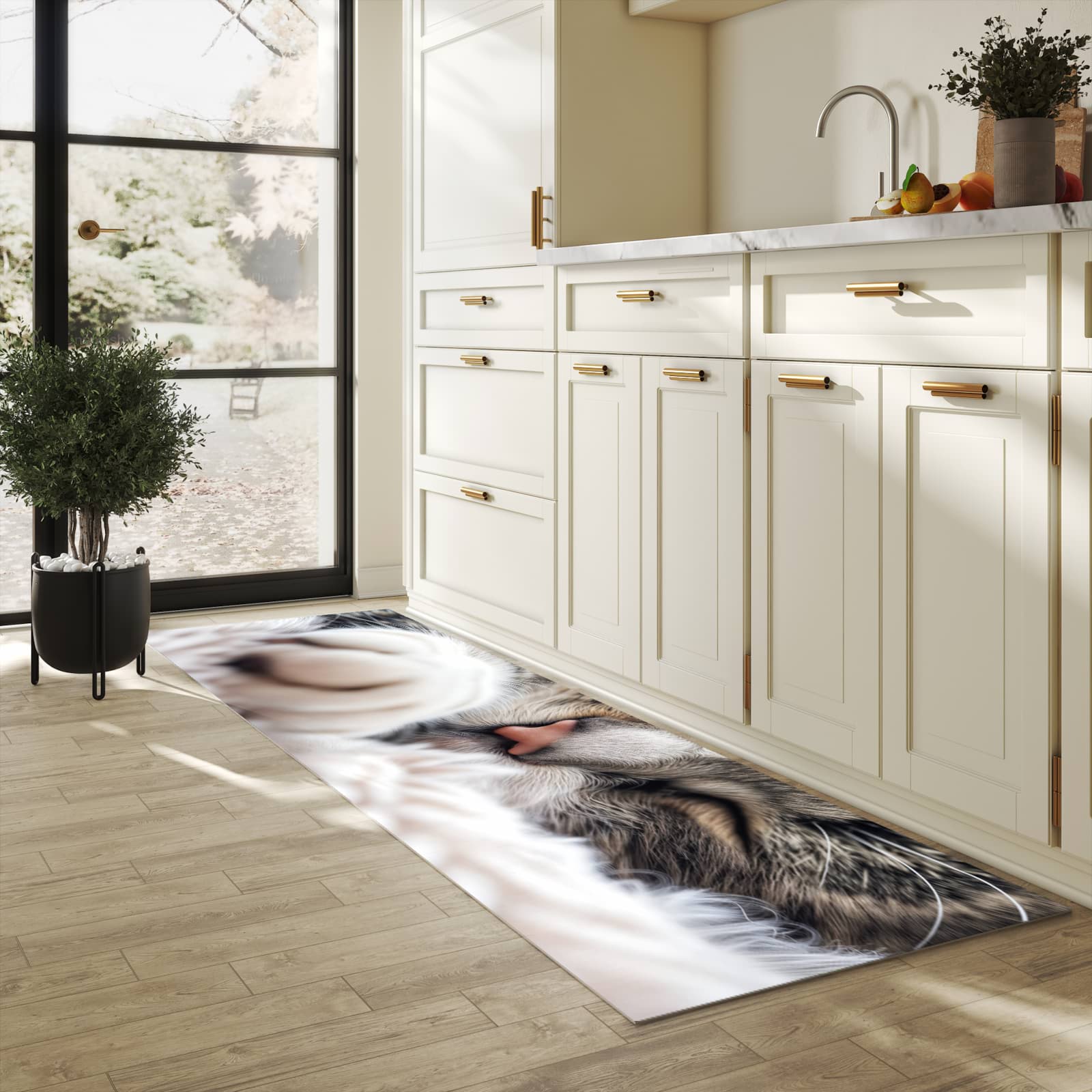 Schmutzabweisender moderner Küchenläufer mit Motiv Schlafende Katze in heller Küche