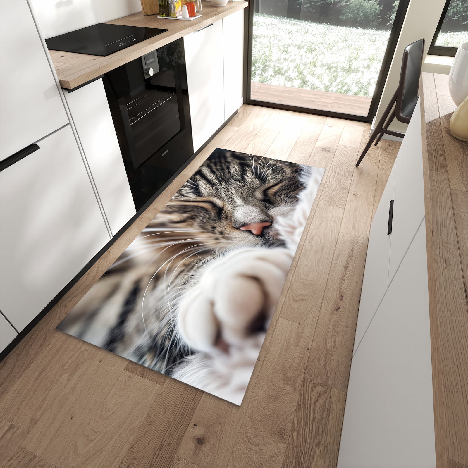 Waschbarer Küchenläufer mit Motiv Schlafende Katze in moderner Küche