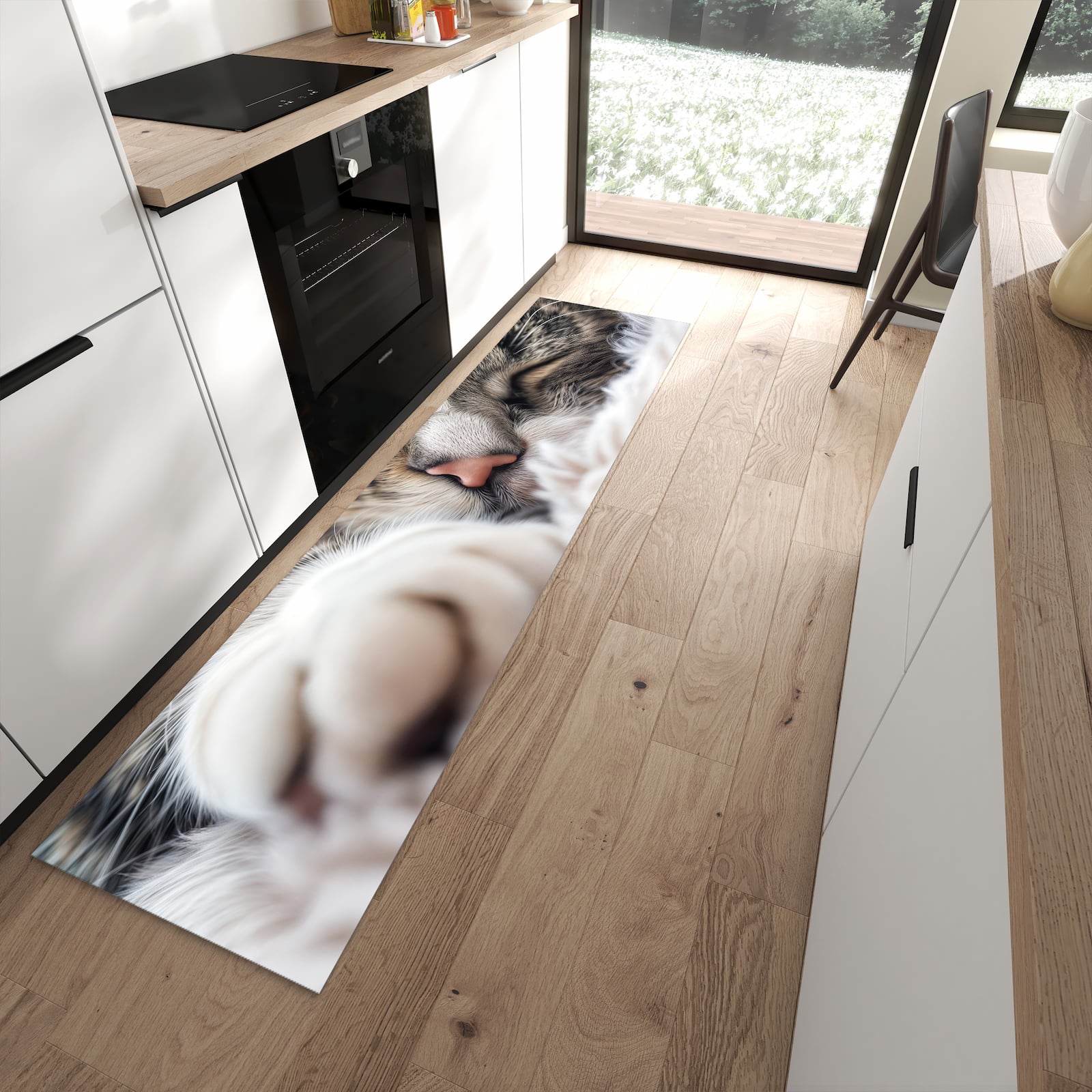 Flacher Küchenteppich mit Motiv Schlafende Katze in moderner Küche