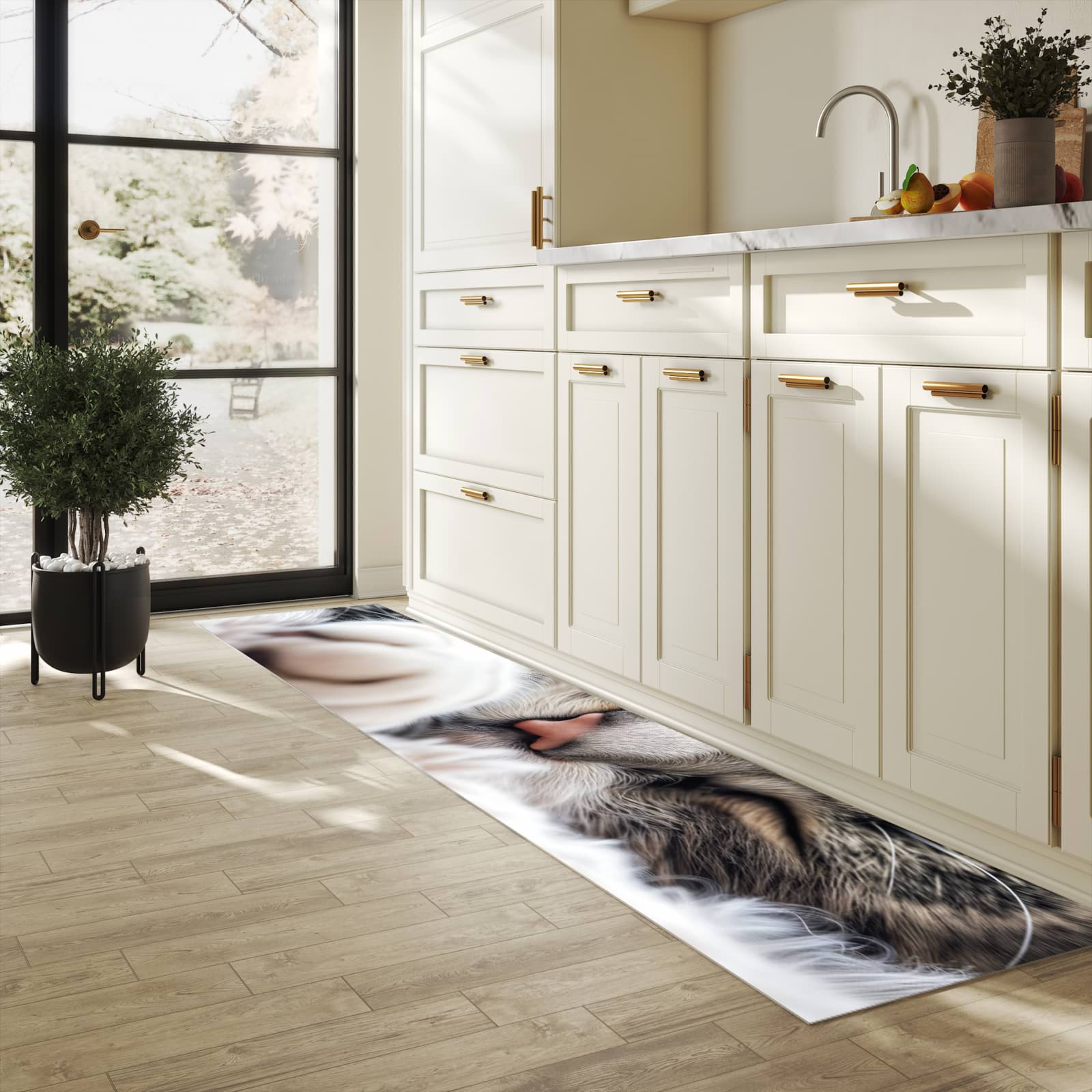 UV-beständiger rutschfester Küchenläufer mit Motiv Schlafende Katze in heller Küche