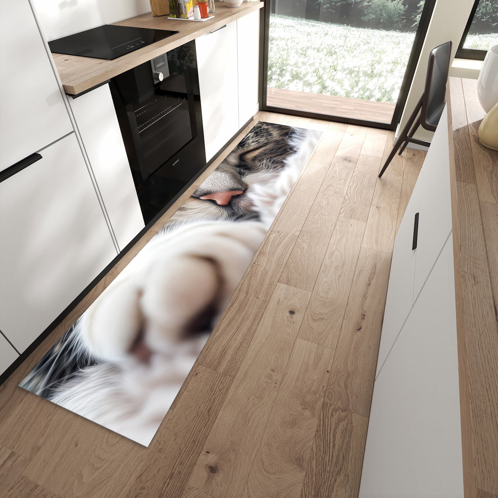 Pflegeleichter Teppich für Küche mit Motiv Schlafende Katze in moderner Küche