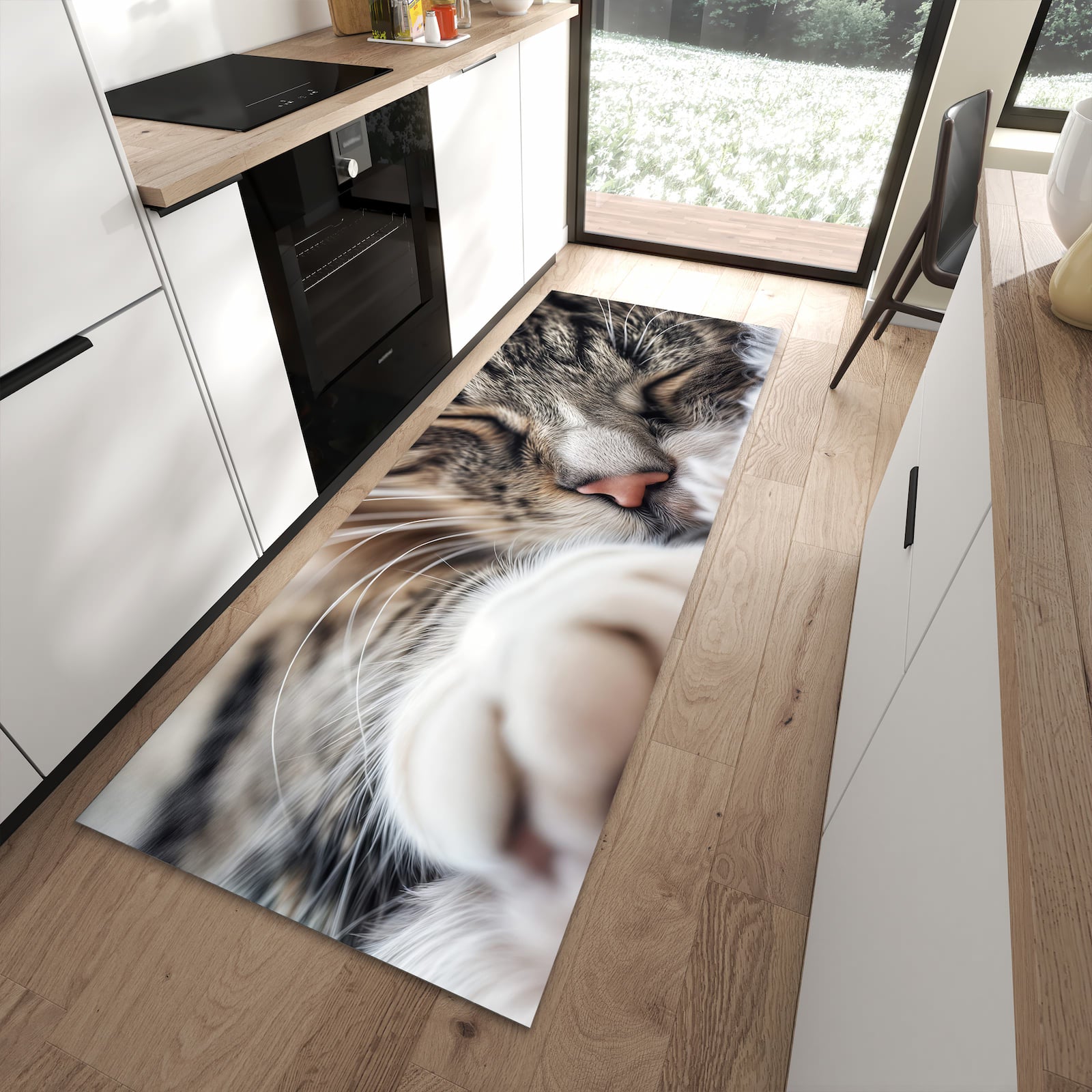 Langlebiger Küchenläufer mit Motiv Schlafende Katze in moderner Küche