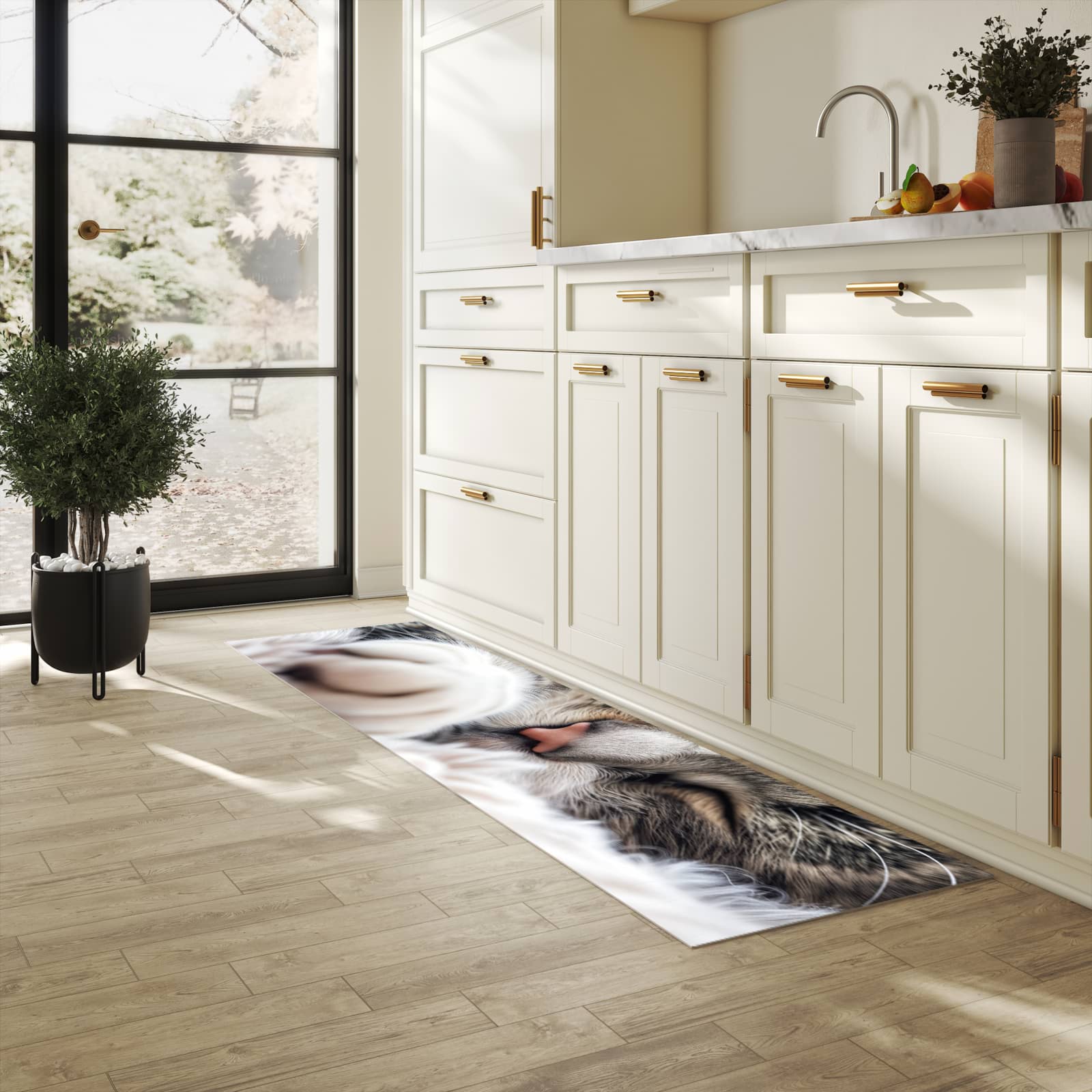 Geräuschdämpfender waschbarer Küchenläufer mit Motiv Schlafende Katze in heller Küche