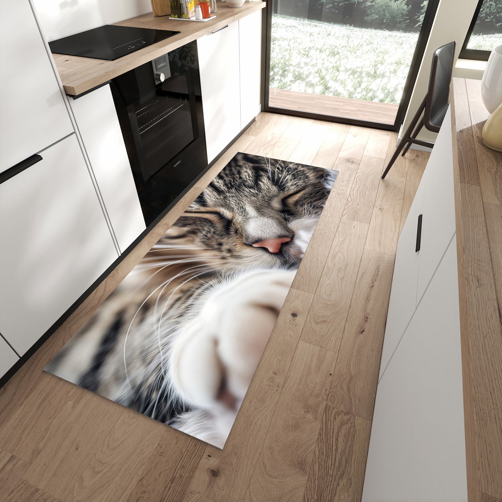 Pflegeleichter Küchenteppich mit Motiv Schlafende Katze in moderner Küche