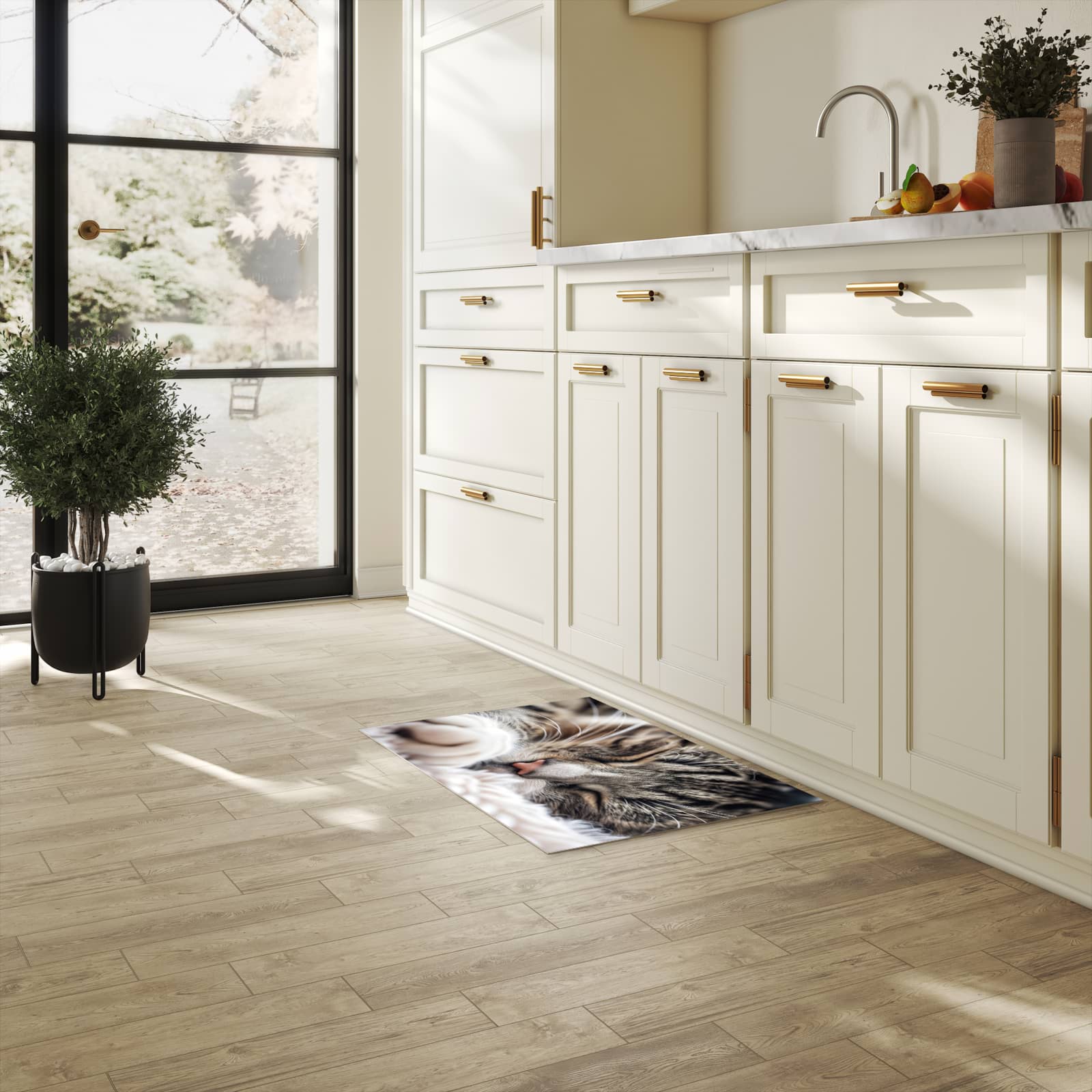 Rutschfester Küchenläufer mit Motiv Schlafende Katze für Trittkomfort in heller Küche