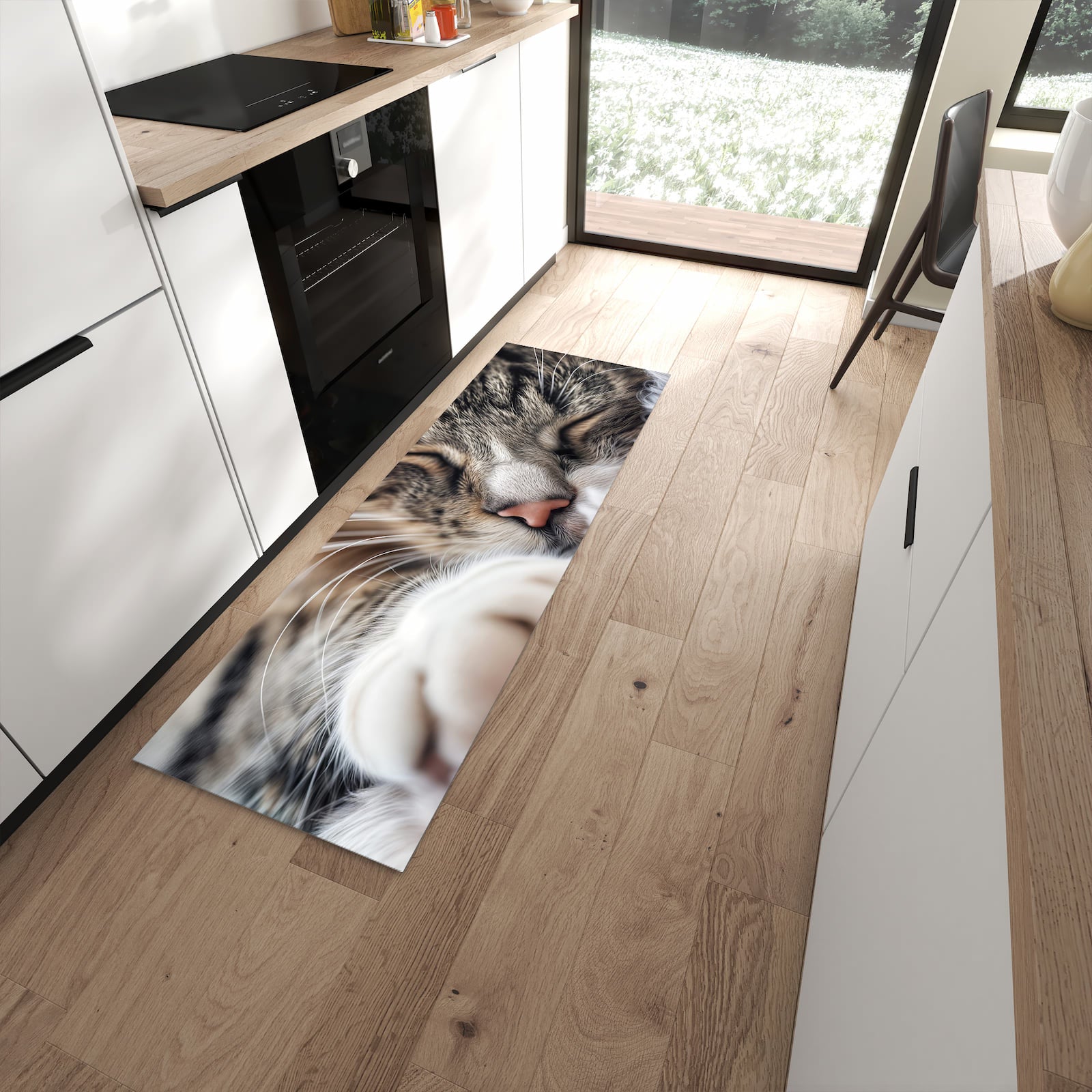 Langlebiger Küchenläufer mit Motiv Schlafende Katze in moderner Küche