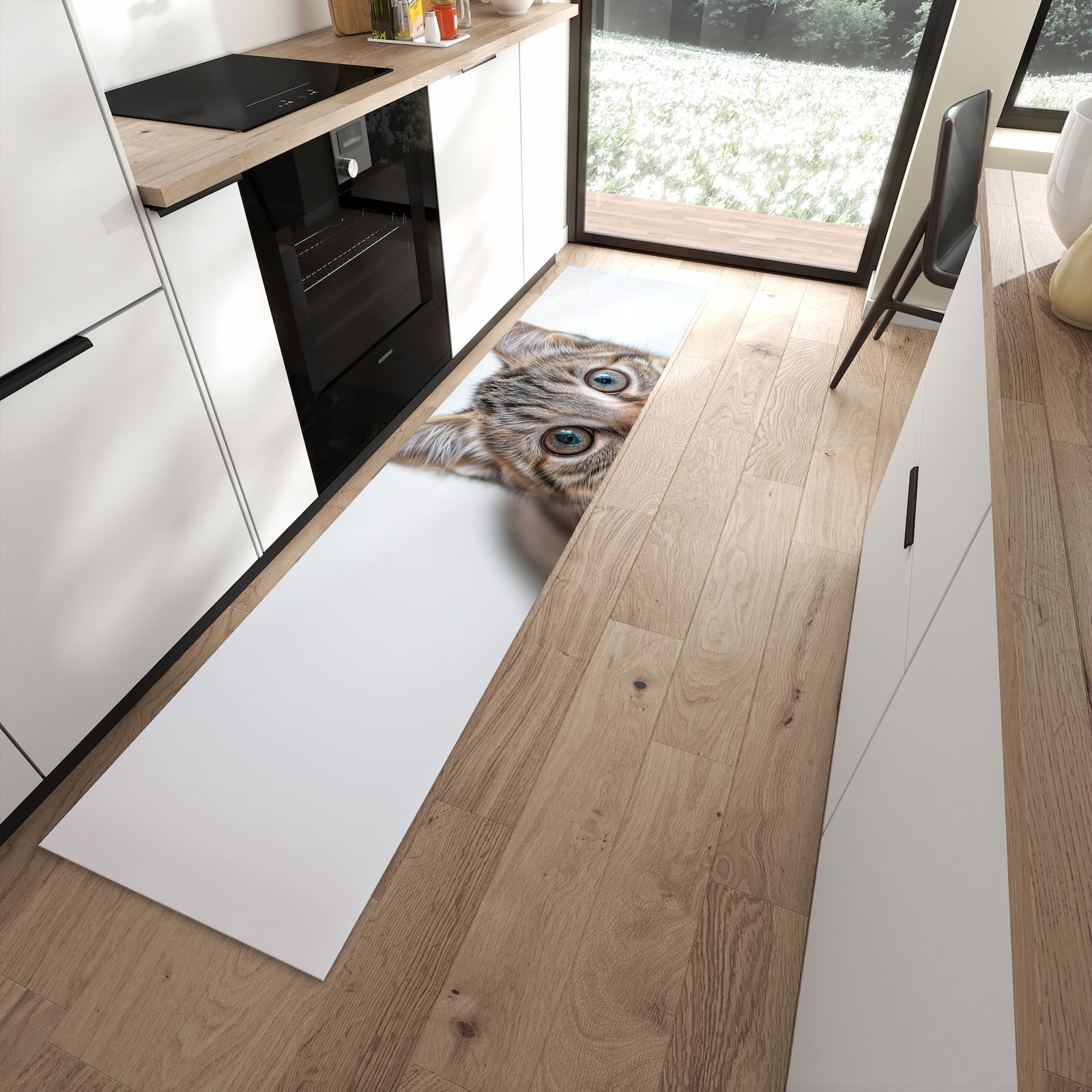 Formstabiler rutschfester Küchenläufer mit Motiv Süße Kleine Katze in moderner Küche