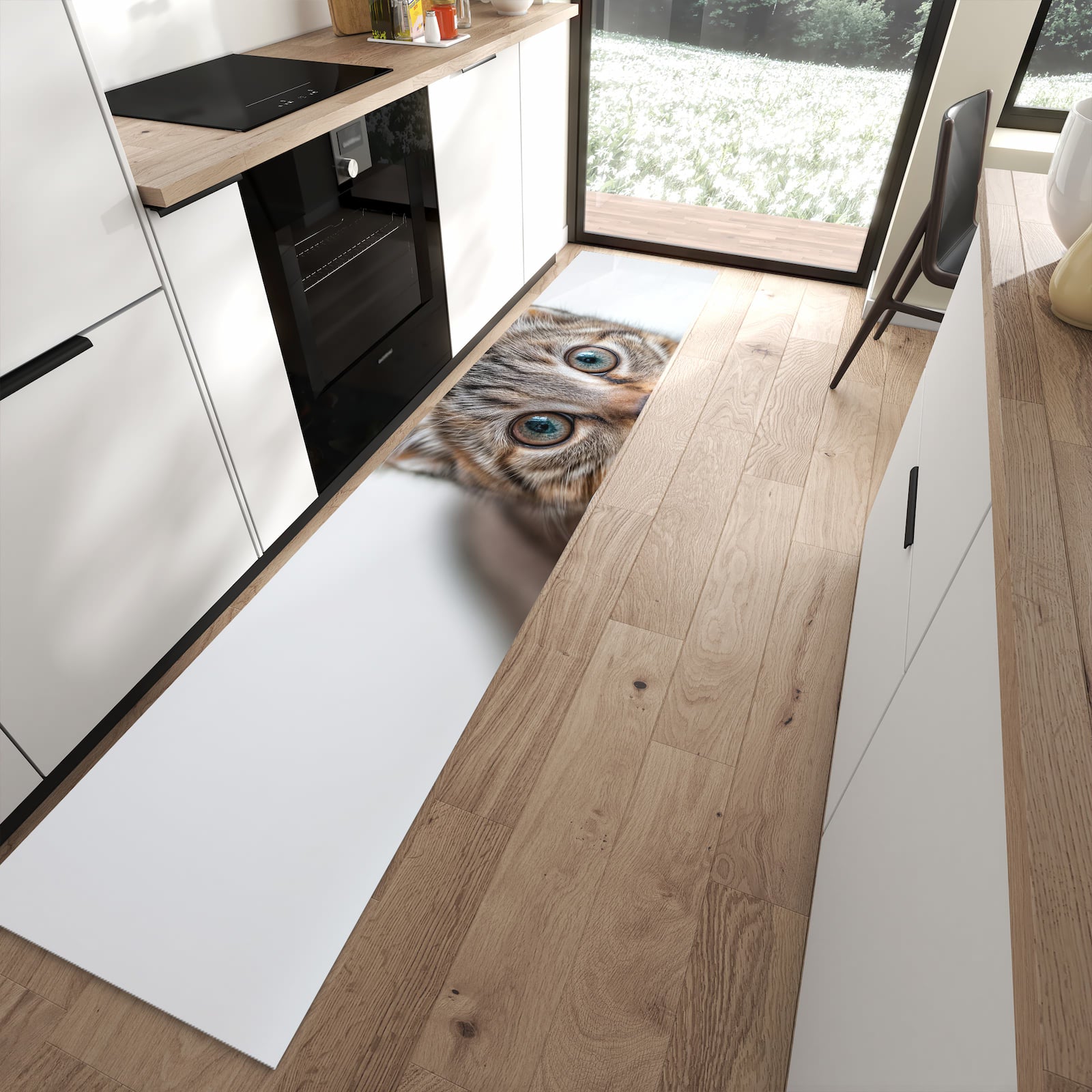 Rutschfester Küchenläufer mit Motiv Süße Kleine Katze für sicheren Stand in moderner Küche