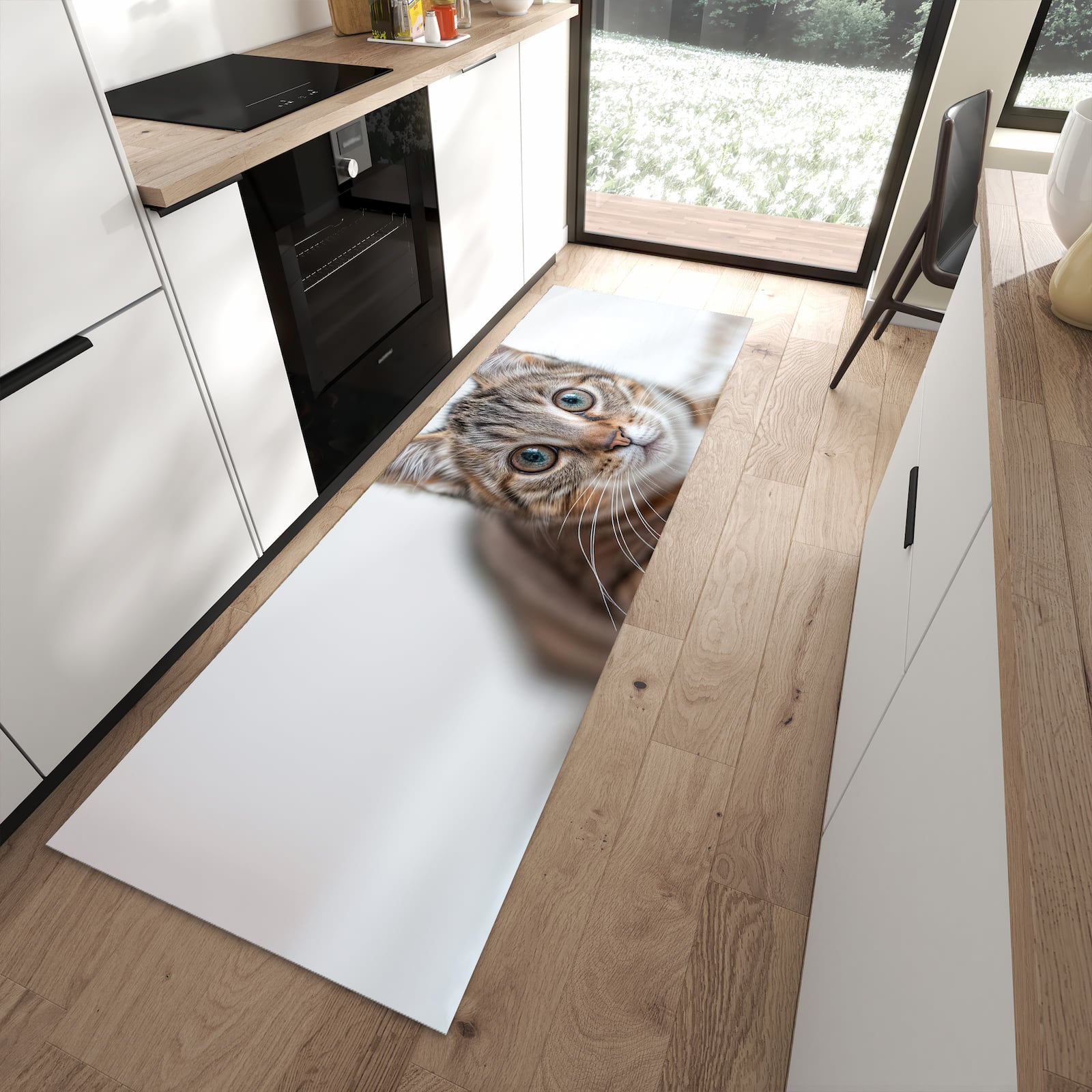 Abriebfester rutschfester Küchenläufer mit Motiv Süße Kleine Katze in moderner Küche
