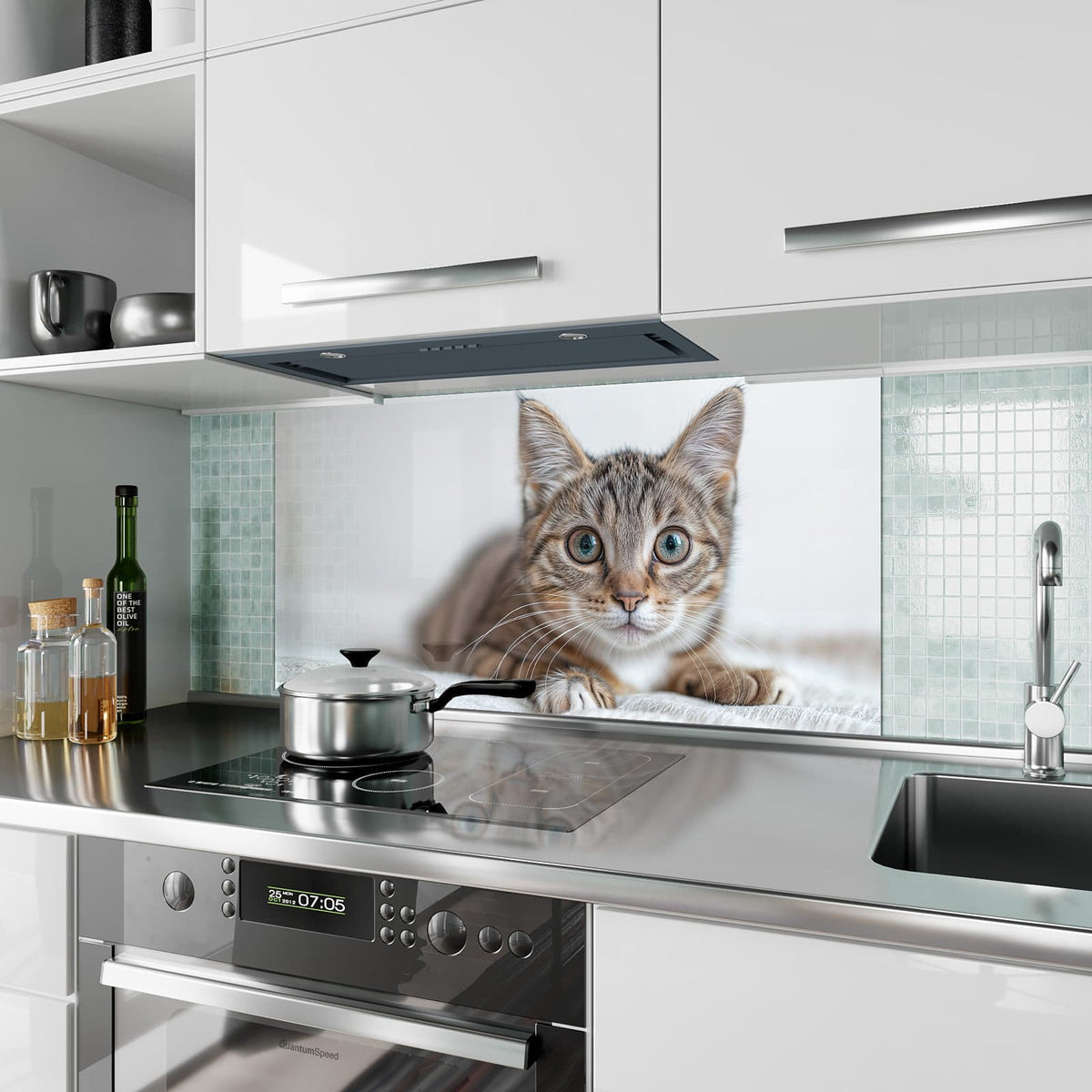 Küchenrückwand aus Glas Kätzchen auf Decke im Hochformat als Spritzschutz hinter dem Kochfeld, über dem Fliesenspiegel montiert