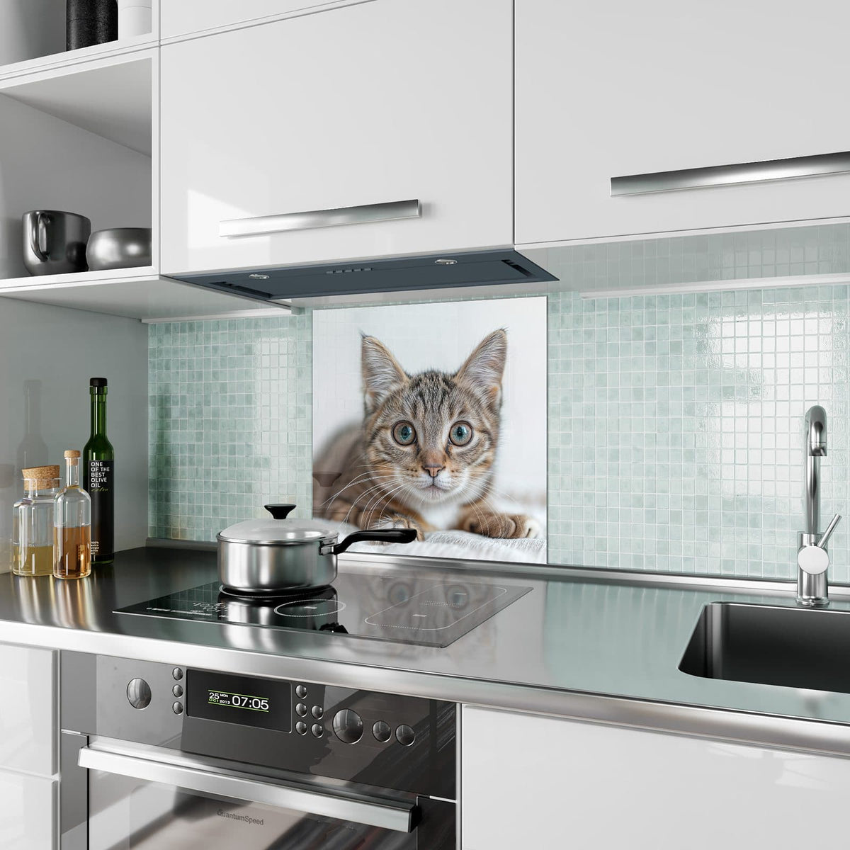 Küchenrückwand aus Glas Kätzchen auf Decke im quadratischen Format als Spritzschutz hinter dem Kochfeld, über dem Fliesenspiegel montiert