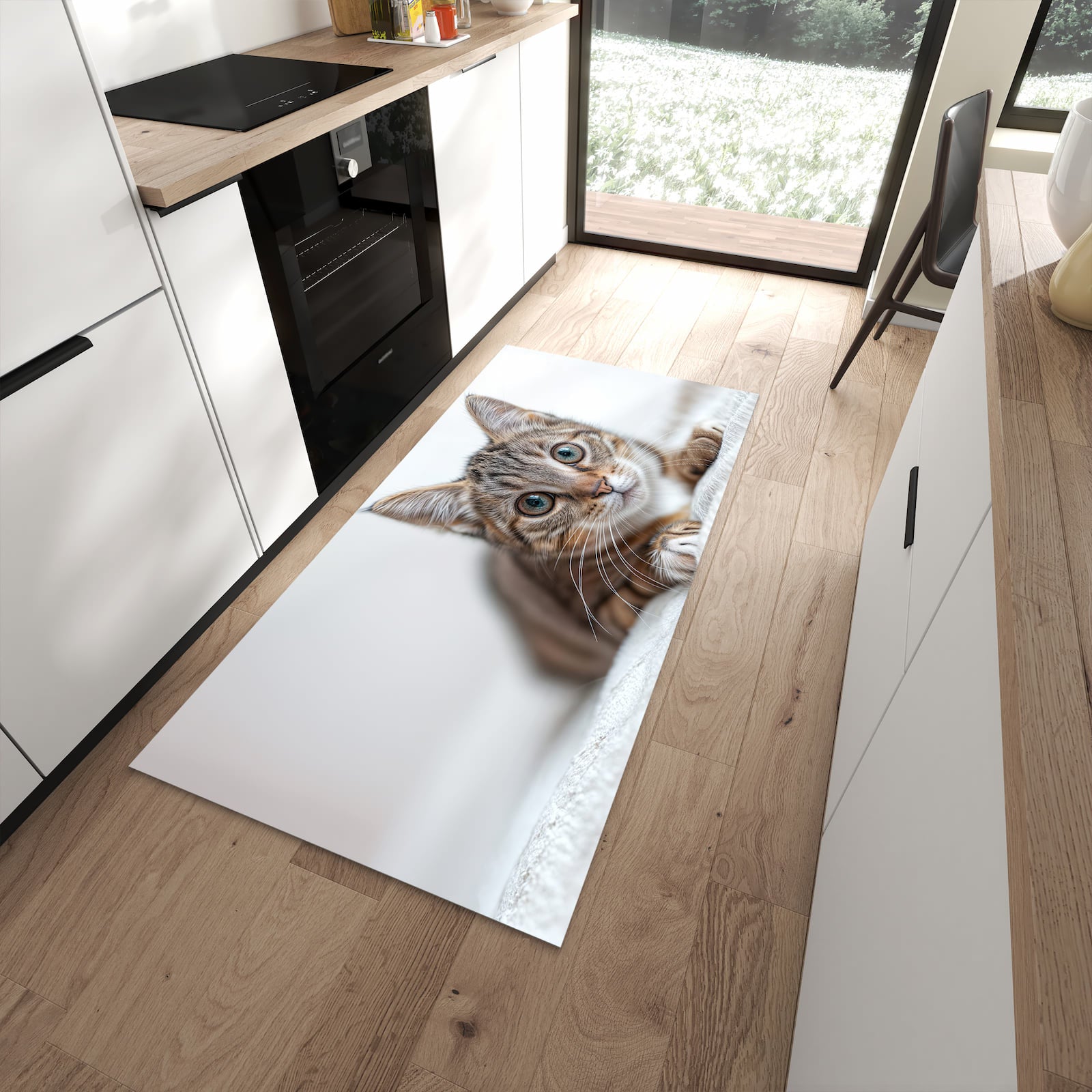 Wasserabweisender Küchenläufer mit Motiv Süße Kleine Katze in moderner Küche