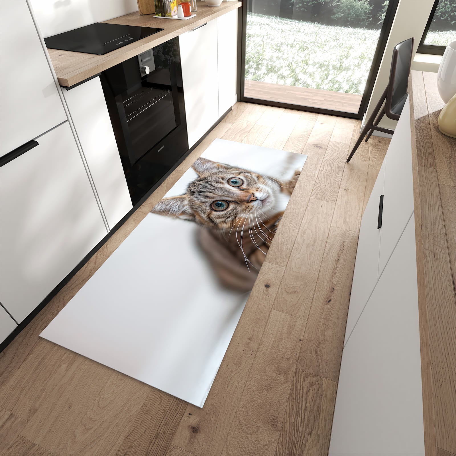 Geräuschdämpfender waschbarer Küchenläufer mit Motiv Süße Kleine Katze in moderner Küche