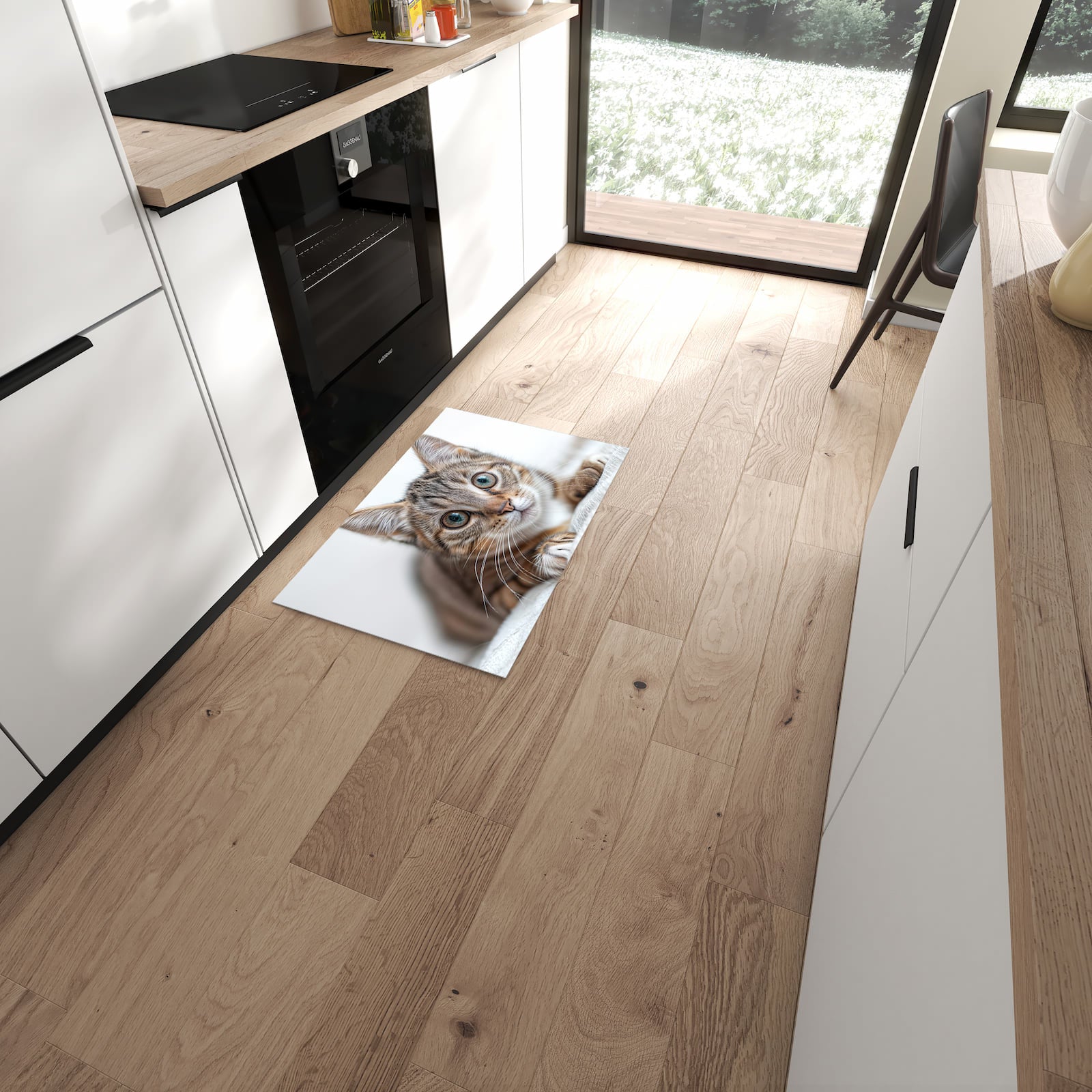 Zeitsparender rutschfester Küchenläufer mit Motiv Süße Kleine Katze in moderner Küche