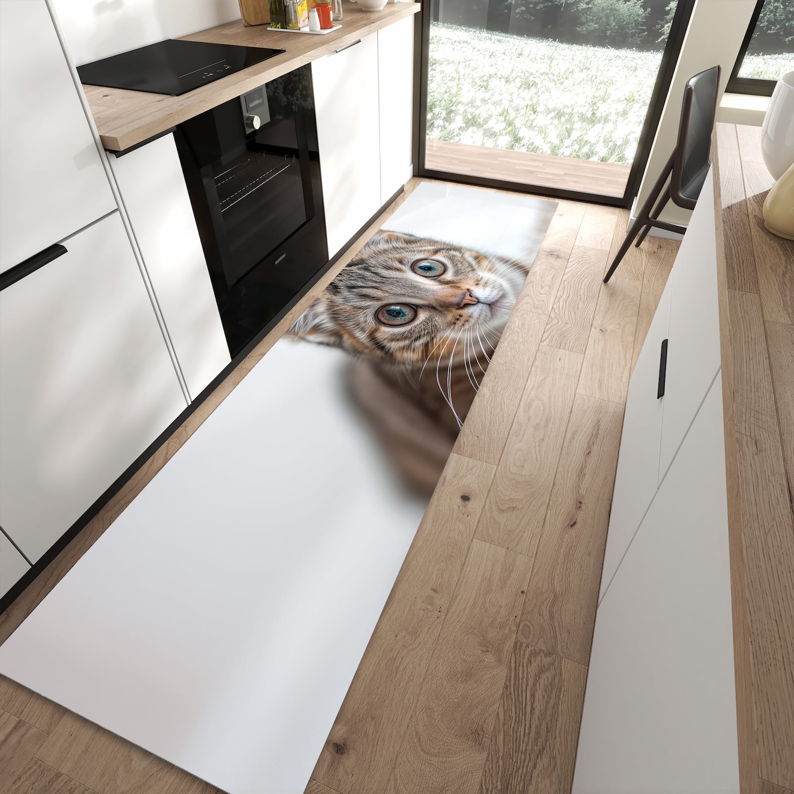 Komfortabler Küchenläufer nach Maß mit Motiv Süße Kleine Katze in moderner Küche