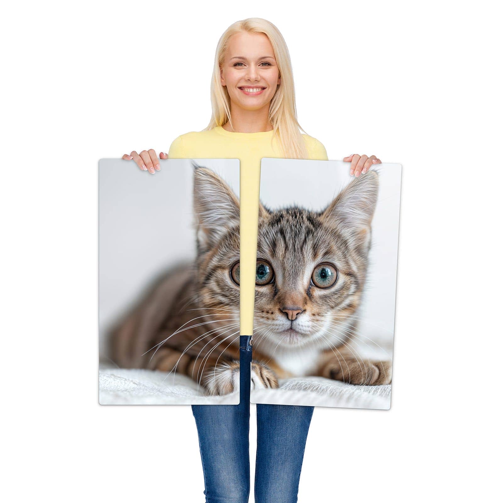 2-teilige Abdeckplatten für den Herd mit Süße Kleine Katze-Motiv wird zur Größendarstellung gehalten