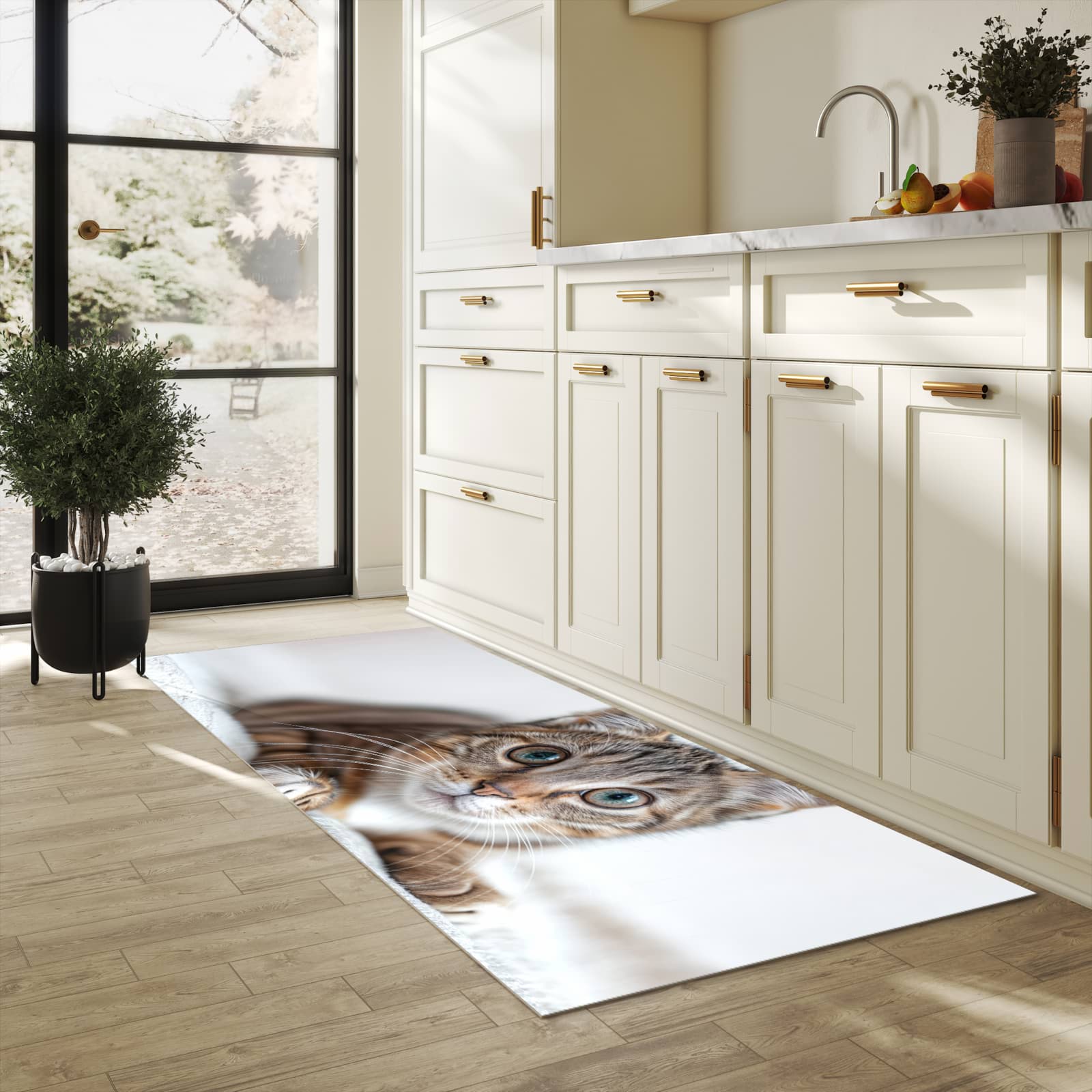 Farbbeständiger rutschfester Küchenteppich mit Motiv Süße Kleine Katze in heller Küche