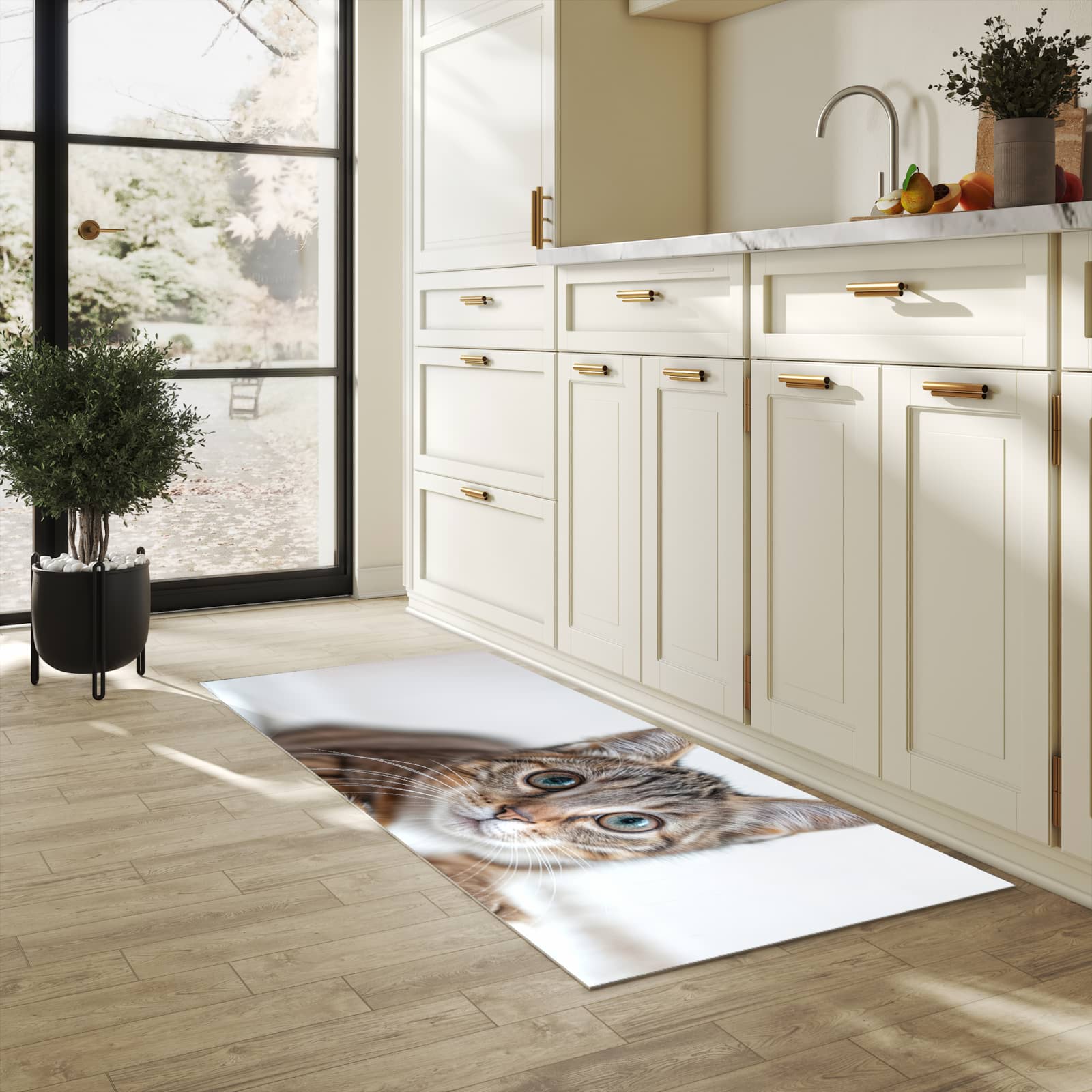Rutschfester Küchenteppich mit Motiv Süße Kleine Katze in heller Küche