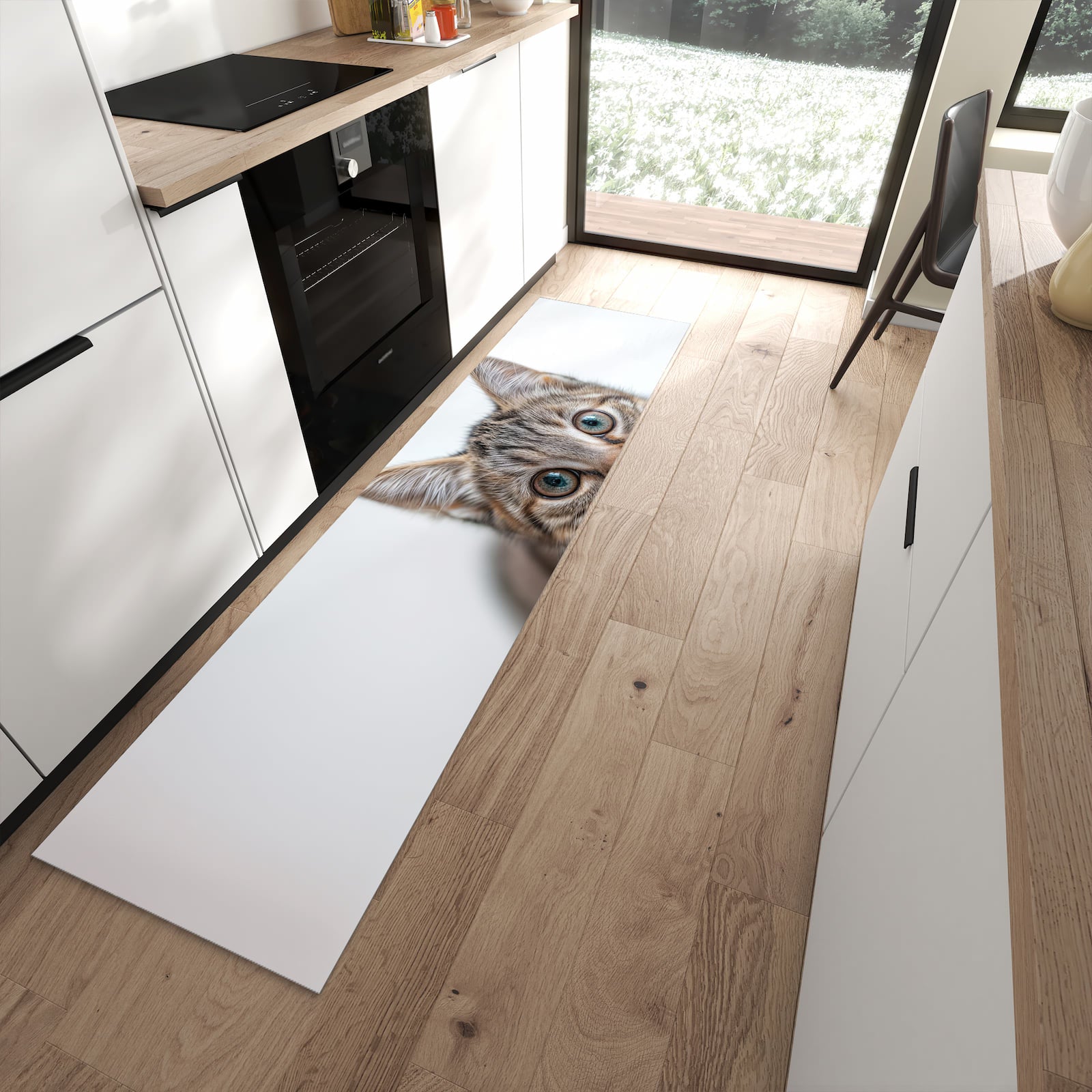 Farbbeständiger waschbarer Küchenläufer mit Motiv Süße Kleine Katze in moderner Küche