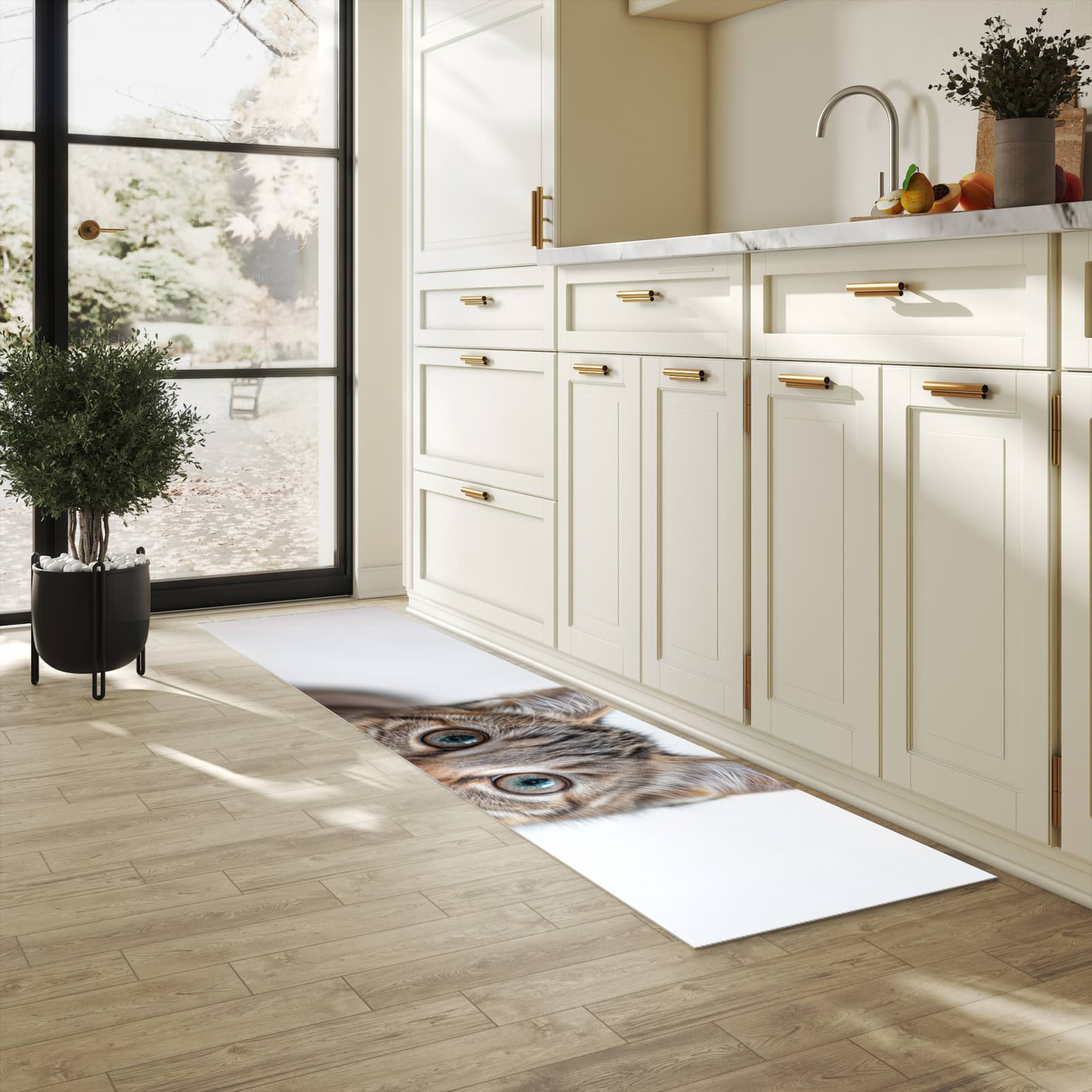 Strapazierfähiger Küchenteppich mit Motiv Süße Kleine Katze in heller Küche