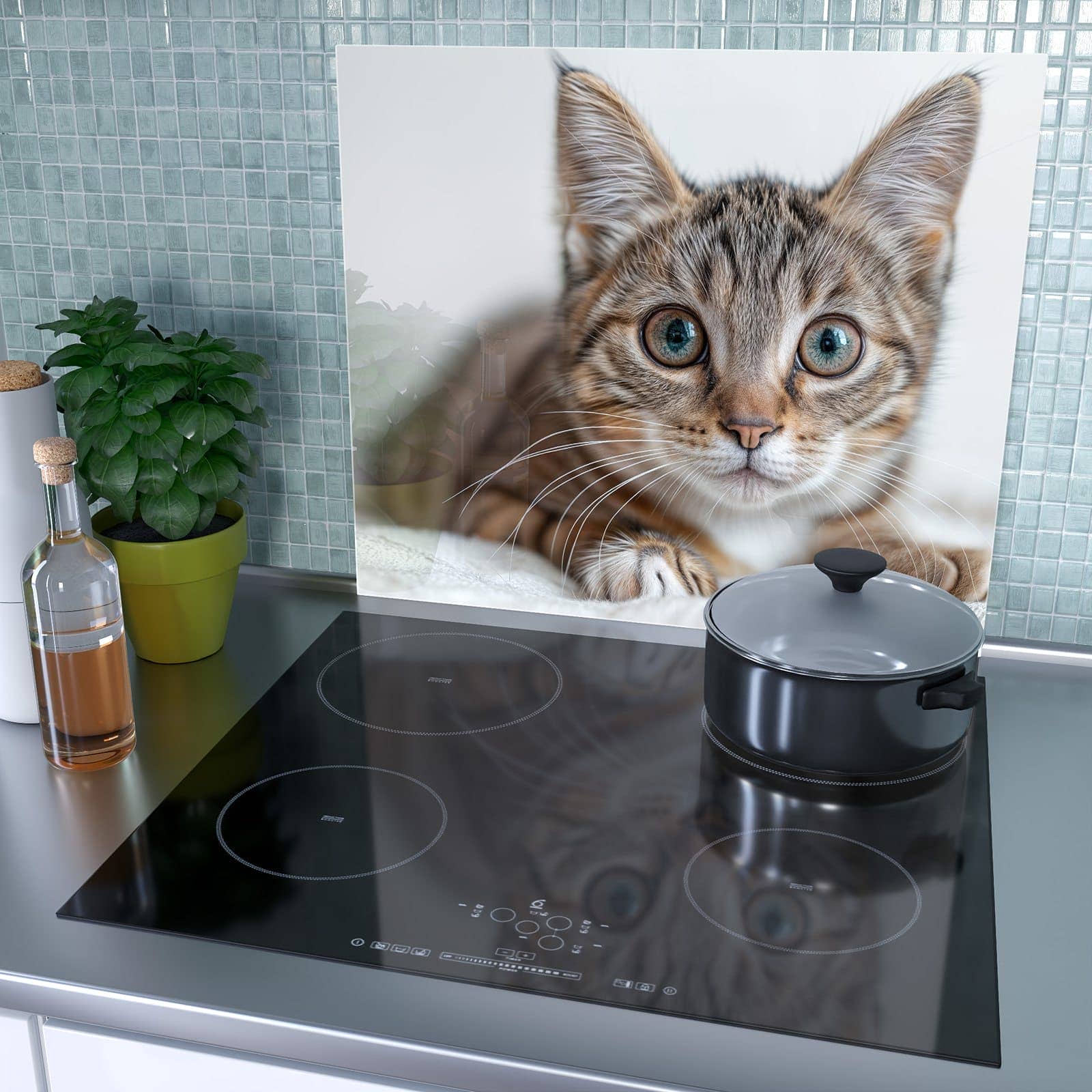 1-teilige Herd Schutzplatte mit Süße Kleine Katze-Motiv als Spritzschutz hinter dem Kochfeld