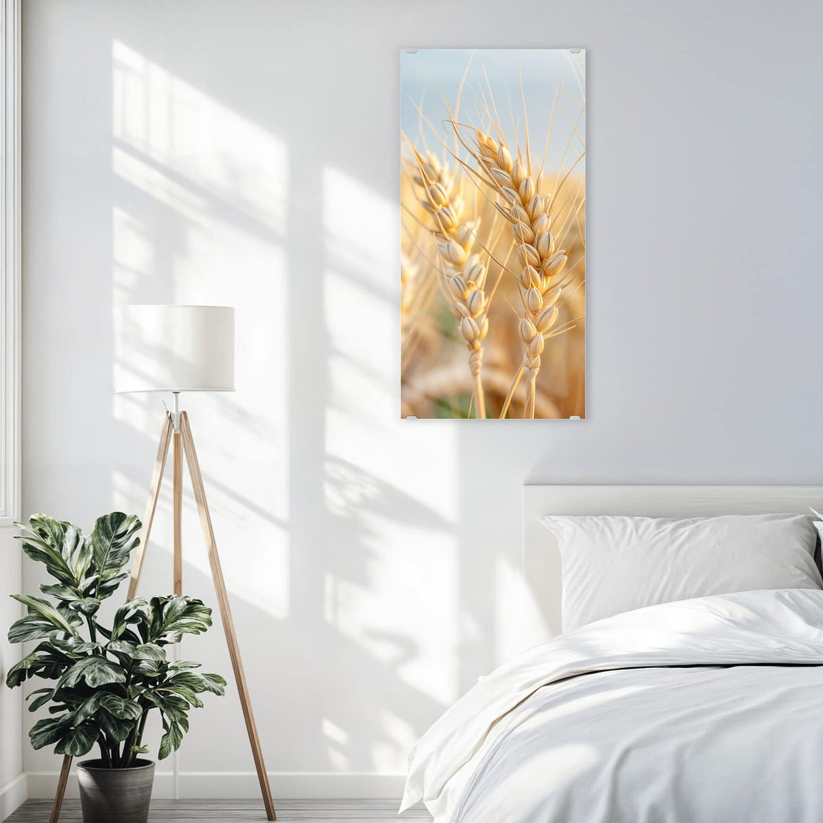 Glasbild Weizenähren am Himmel an der Wand – Goldene Weizenähren in Nahaufnahme vor hellem Himmel