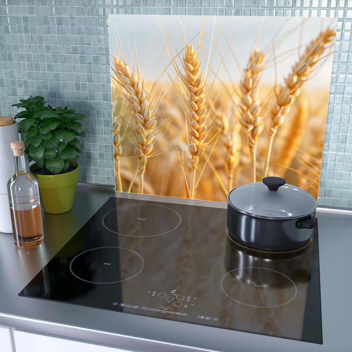 1-teilige Herdabdeckplatte für Ceranfeld mit Weizenfeld-Motiv als Spritzschutz