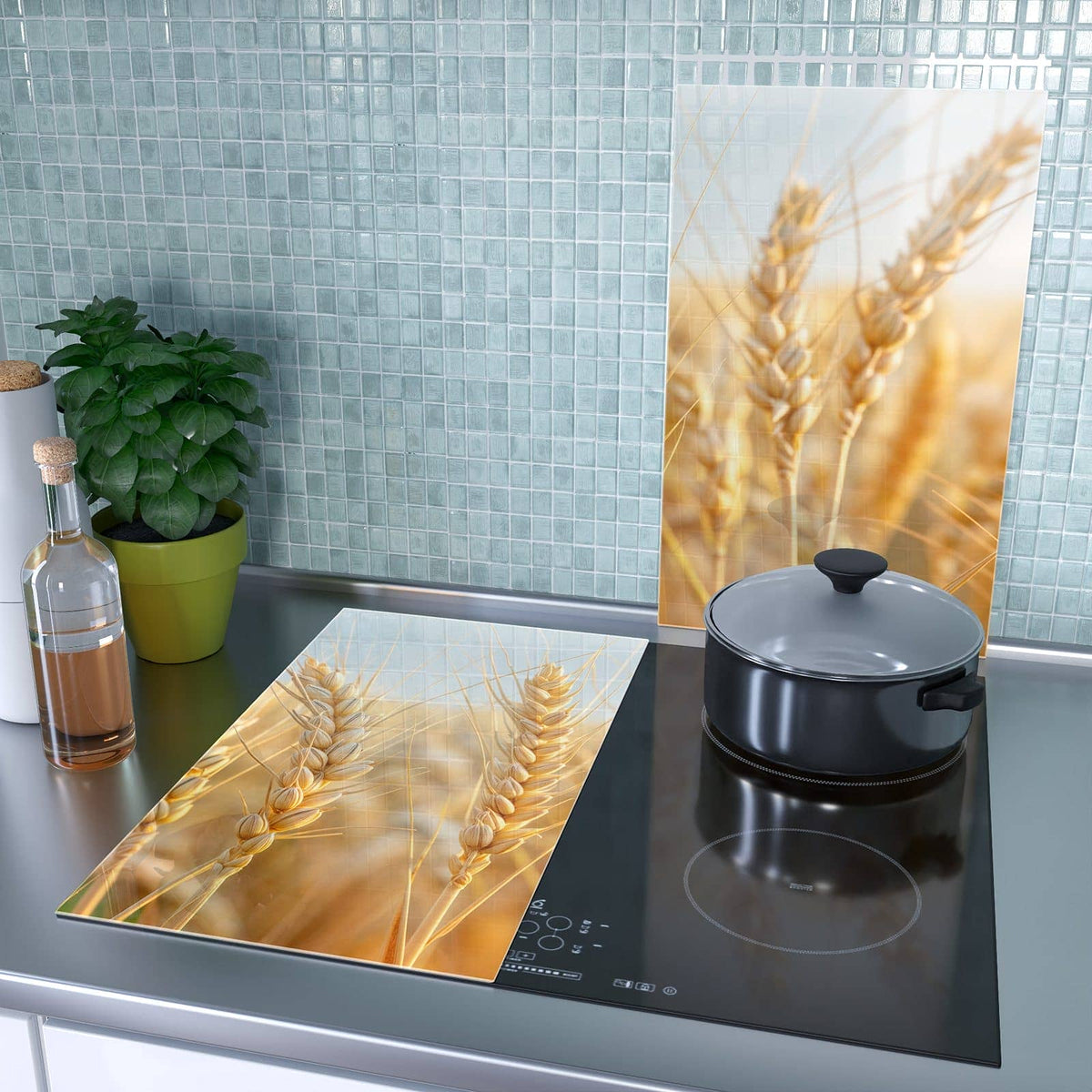 2-teilige Abdeckplatten Ceranfeld mit Weizenfeld-Motiv als Spritzschutz hinter dem Kochfeld